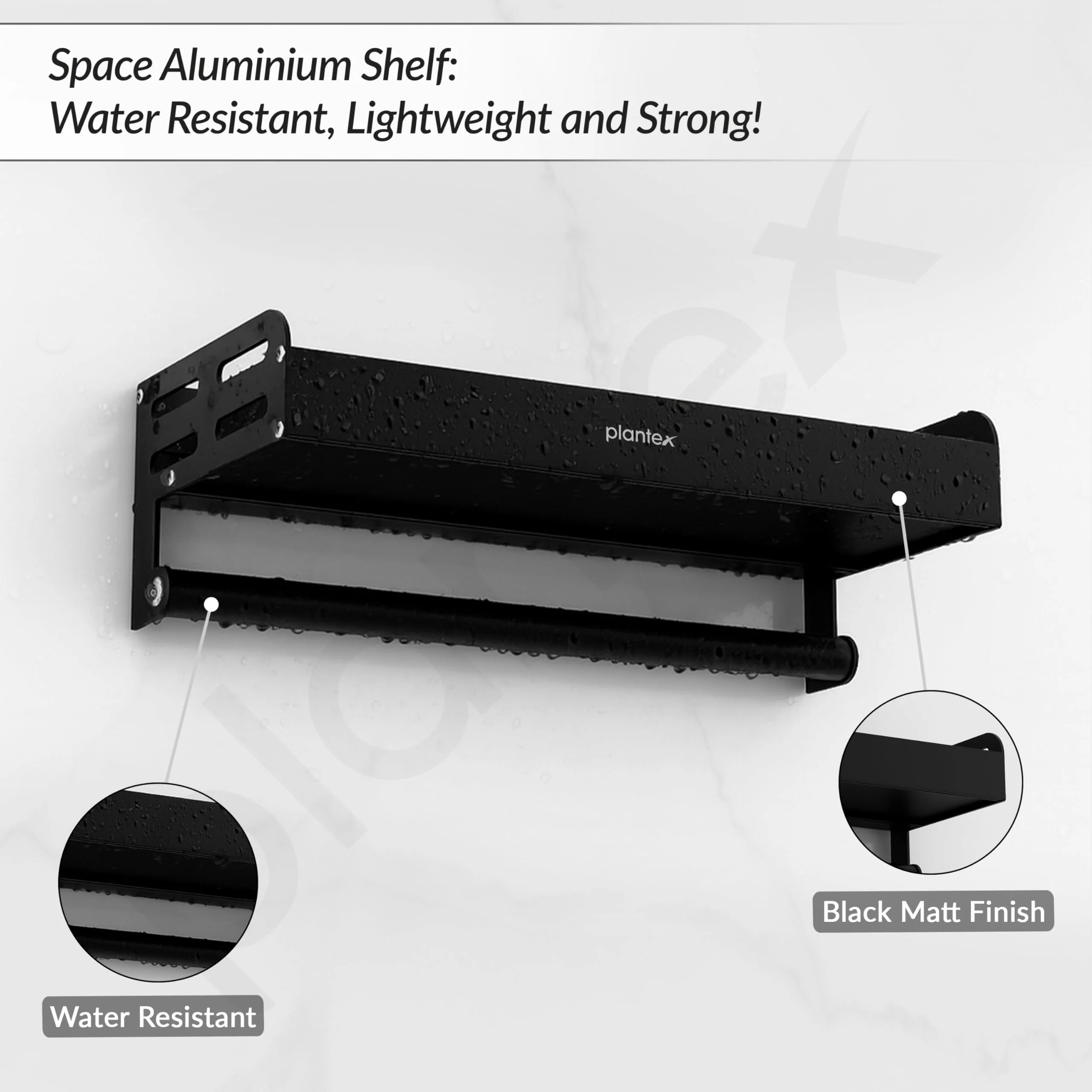 Plantex Aluminium Multipurpose Bathroom Shelf with Towel Rod with Movable Hooks/Bathroom Shelf Rack/Organizer for Bathroom Accessories - Wall Mount (Black) - Image 2