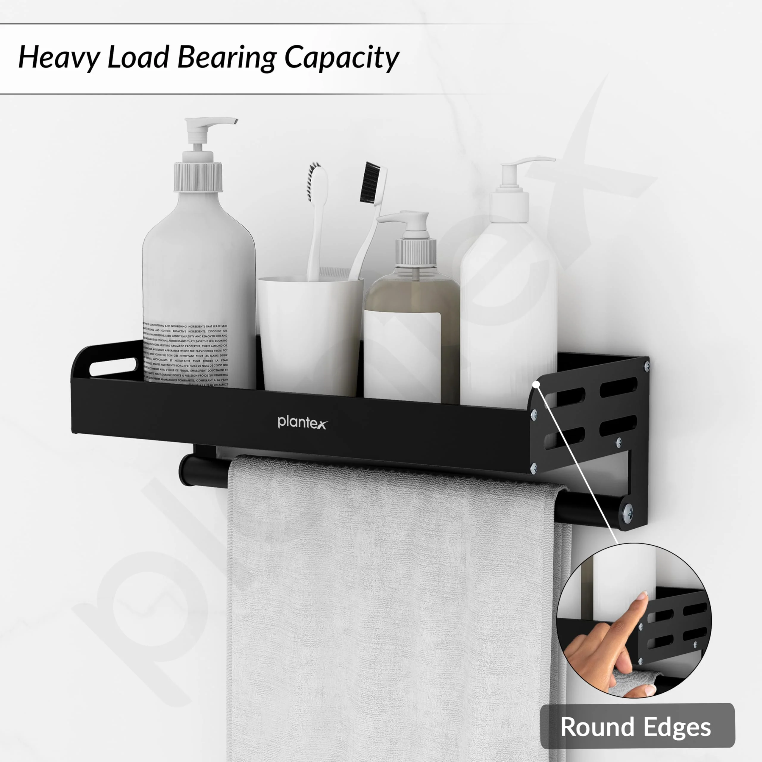 Plantex Aluminium Multipurpose Bathroom Shelf with Towel Rod with Movable Hooks/Bathroom Shelf Rack/Organizer for Bathroom Accessories - Wall Mount (Black) - Image 3