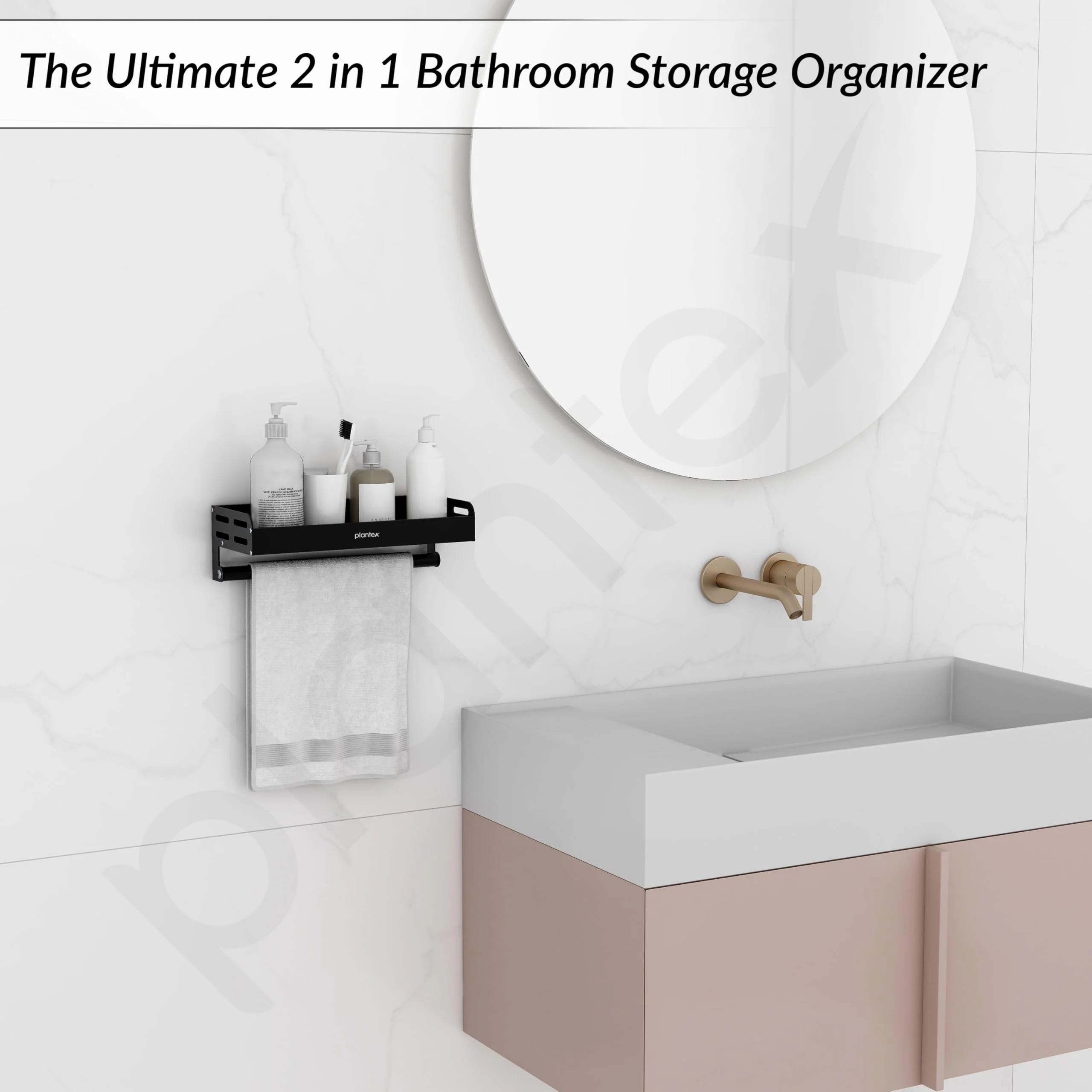 Plantex Aluminium Multipurpose Bathroom Shelf with Towel Rod with Movable Hooks/Bathroom Shelf Rack/Organizer for Bathroom Accessories - Wall Mount (Black) - Image 5
