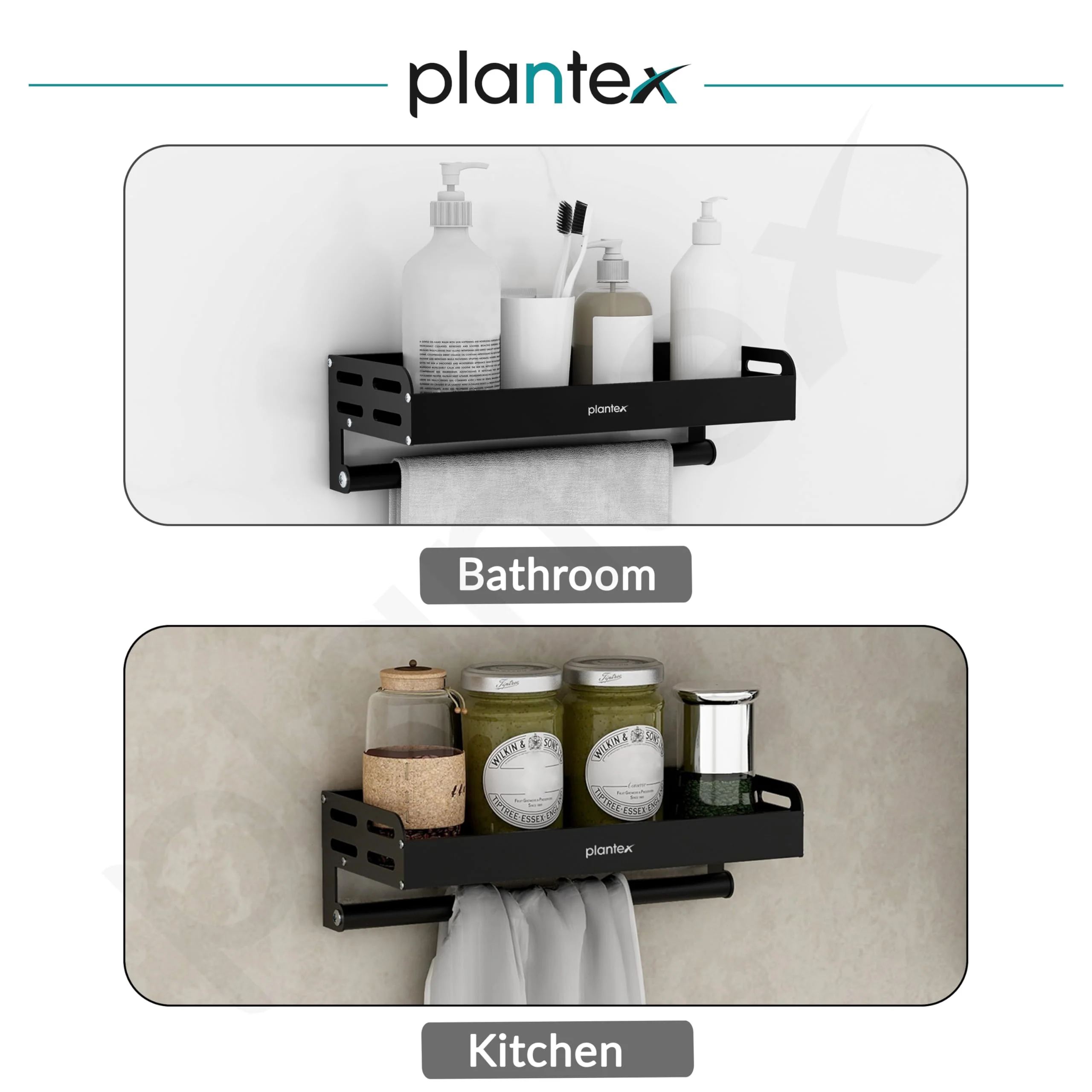 Plantex Aluminium Multipurpose Bathroom Shelf with Towel Rod with Movable Hooks/Bathroom Shelf Rack/Organizer for Bathroom Accessories - Wall Mount (Black) - Image 6