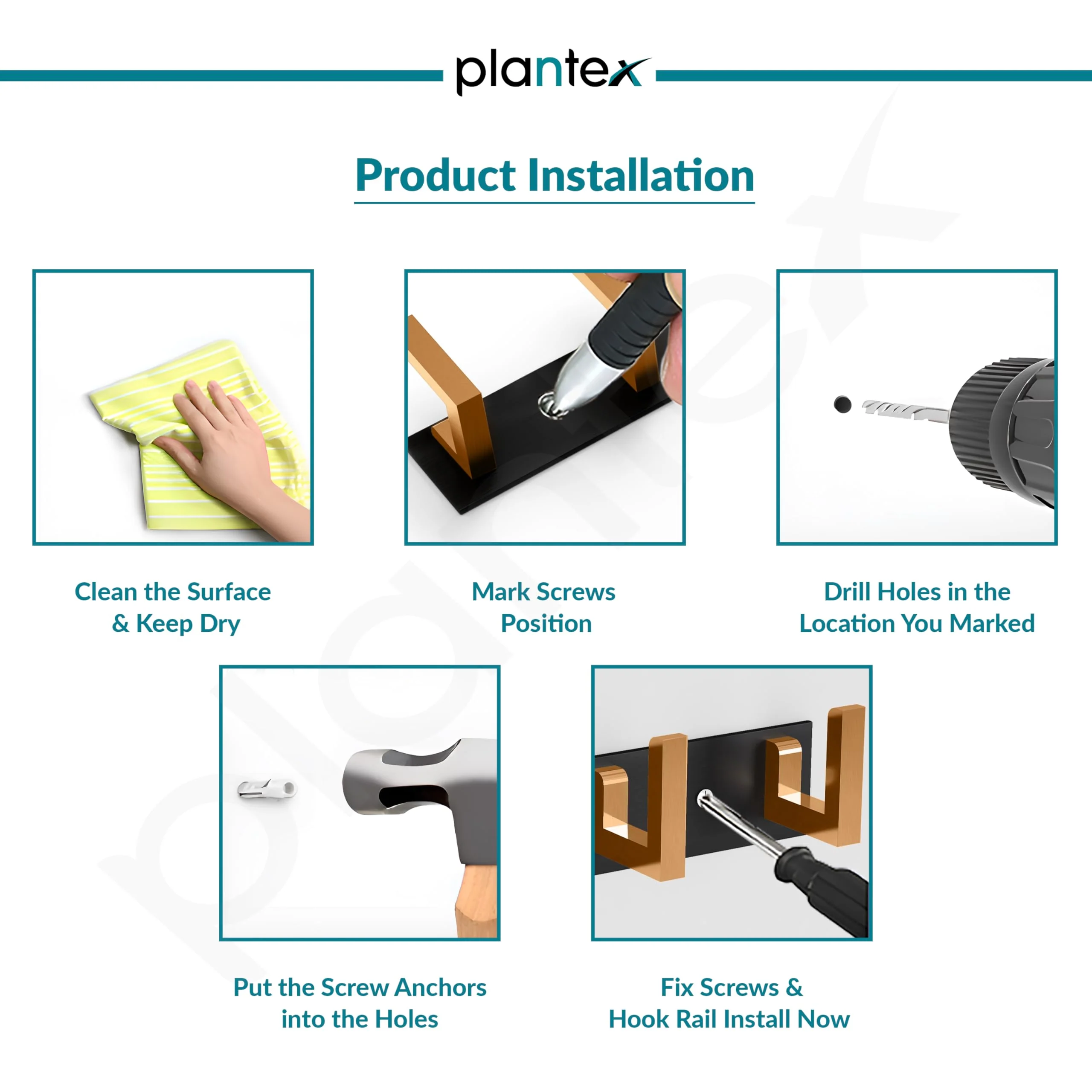 Plantex Aluminum Hook Rail with L-Shape Hook for Clothes Hanging/Hook Rail Bar for Clothes/Towel/Keys (4 Hooks/Black & Gold)-Pack of 2 - Image 6