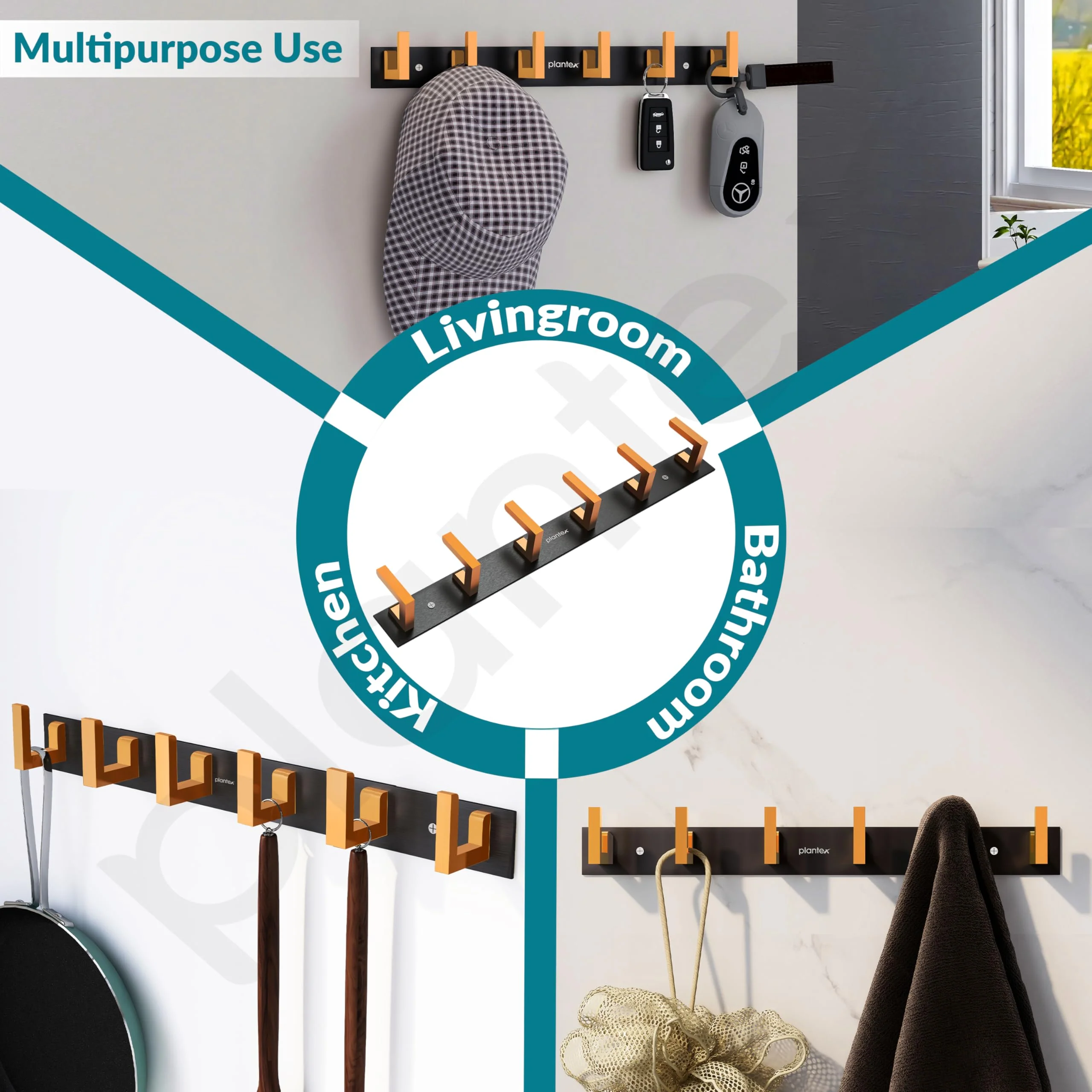 Plantex Aluminum Hook Rail with L-Shape Hooks for Walls of Bathroom/Kitchen–Hook Rail Bar for Clothes/Towel/Key (6 Hooks, Black & Gold) - Pack of 2 - Image 4