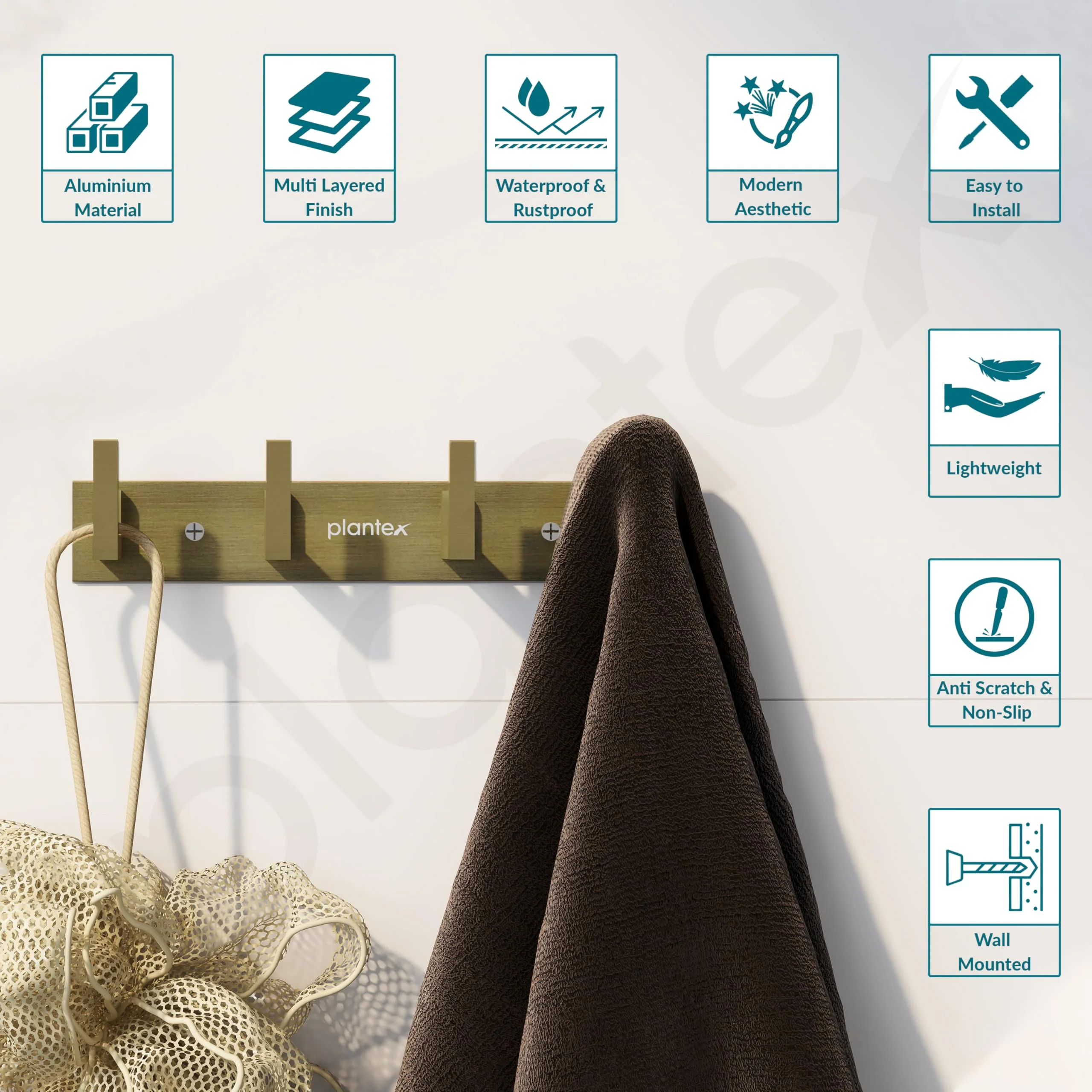 Plantex Aluminum Hook Rail with L-Shape Hooks for Walls of Bathroom/Kitchen–Hook Rail Bar for Clothes/Towel/Keys (4 Hooks, Brass Antique) - Pack of 2 - Image 4