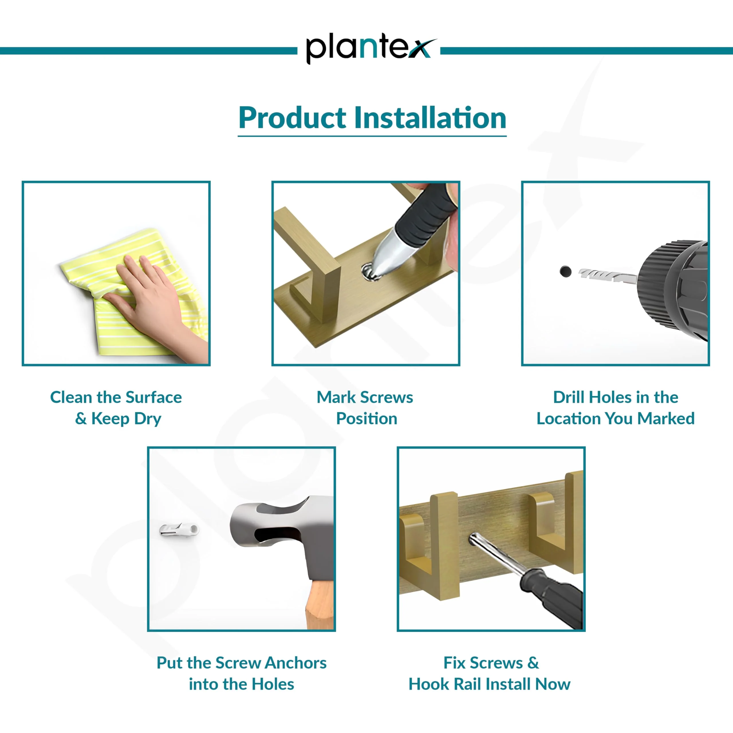 Plantex Aluminum Hook Rail with L-Shape Hooks for Walls of Bathroom/Kitchen–Hook Rail Bar for Clothes/Towel/Keys (4 Hooks, Brass Antique) - Pack of 2 - Image 6
