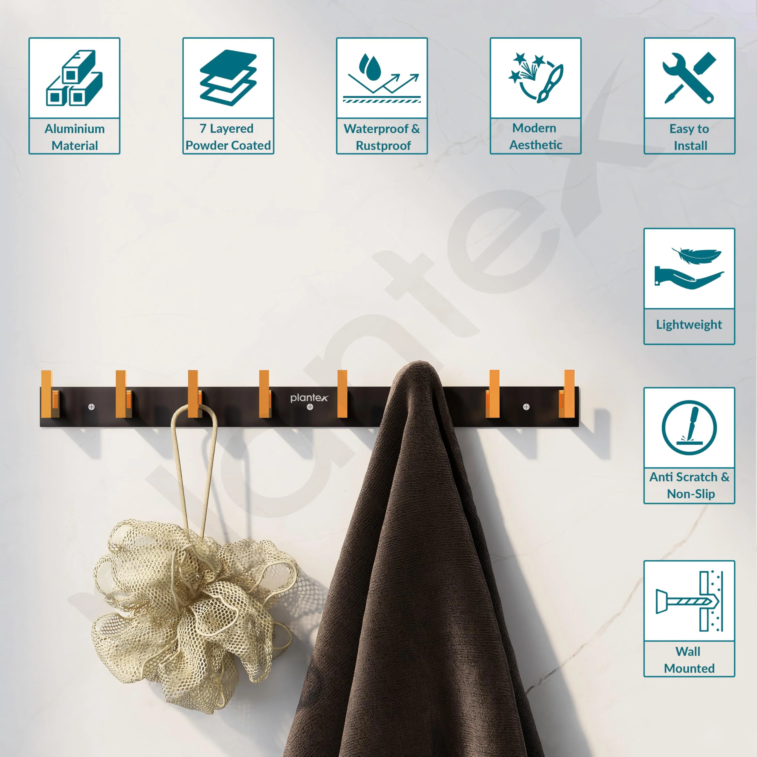 Plantex Aluminum Hook Rail with L-Shape Hooks for Walls of Bathroom/Kitchen–Hook Rail Bar for Clothes/Towel/Keys (8 Hooks, Black & Gold) - Pack of 2 - Image 4
