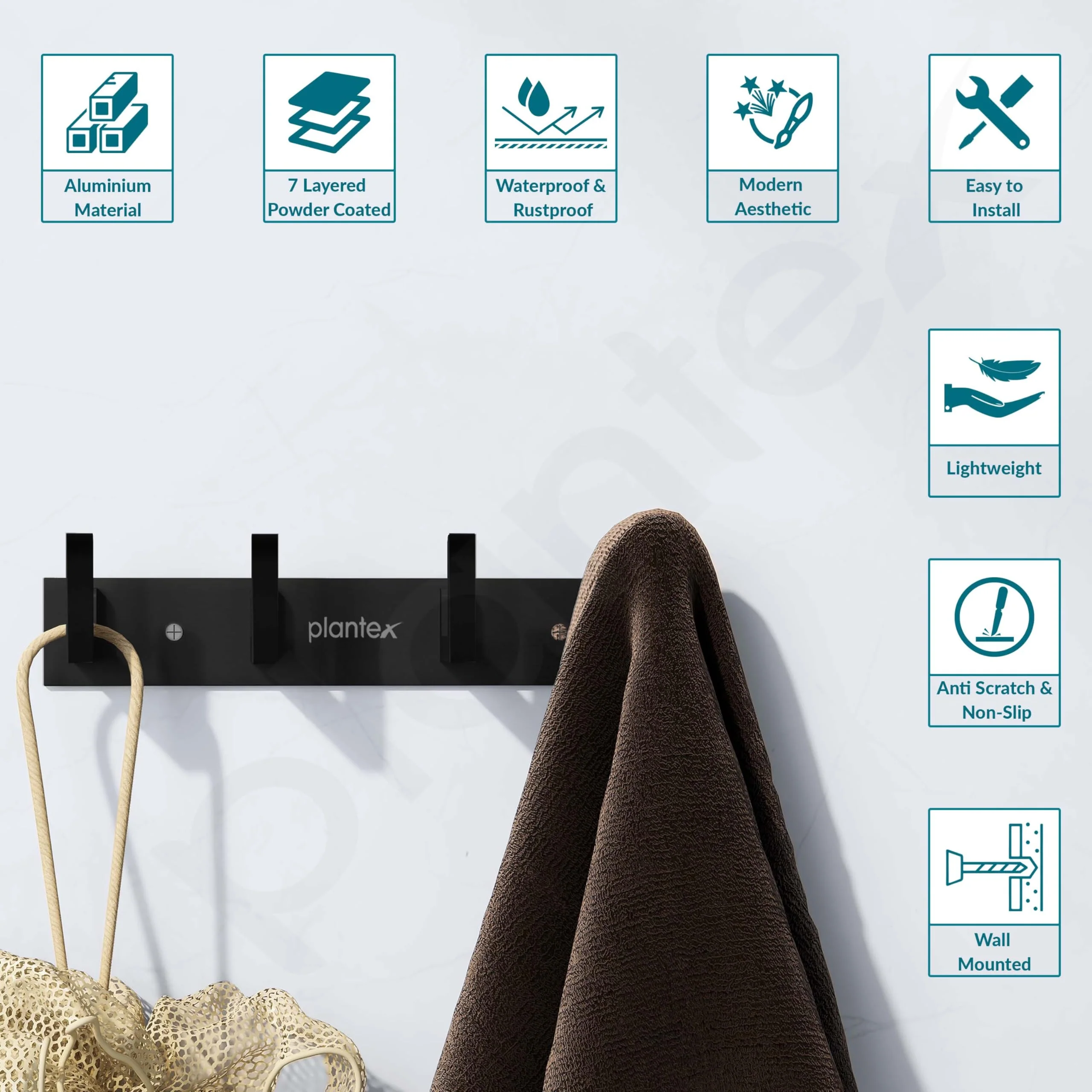 Plantex Aluminum Hook Rail with L-Shape Hooks for Walls of Bathroom/Kitchen–Hook Rail Bar for Clothes/Towel/Keys-Pack of 2 (4 Hooks, Black) - Image 4