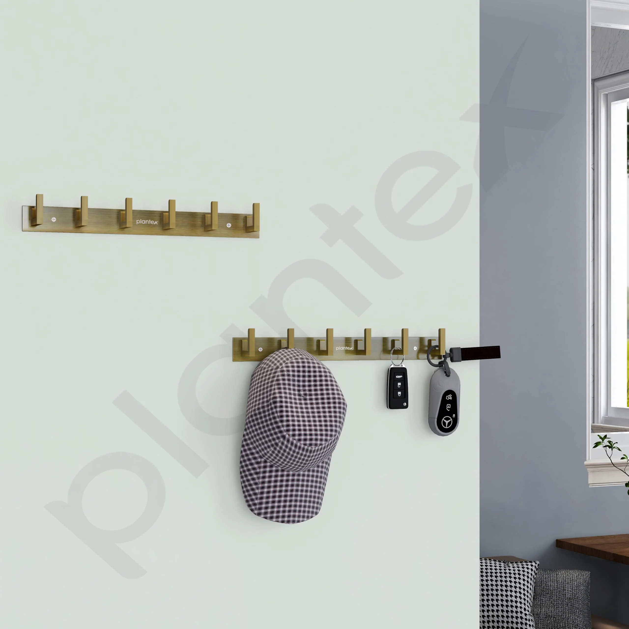 Plantex Aluminum Hook Rail with L-Shape Hooks for Walls of Bathroom/Kitchen–Hook Rail Bar for Clothes/Towel/Keys-Pack of 2 (6 Hooks, Brass Antique) - Image 2