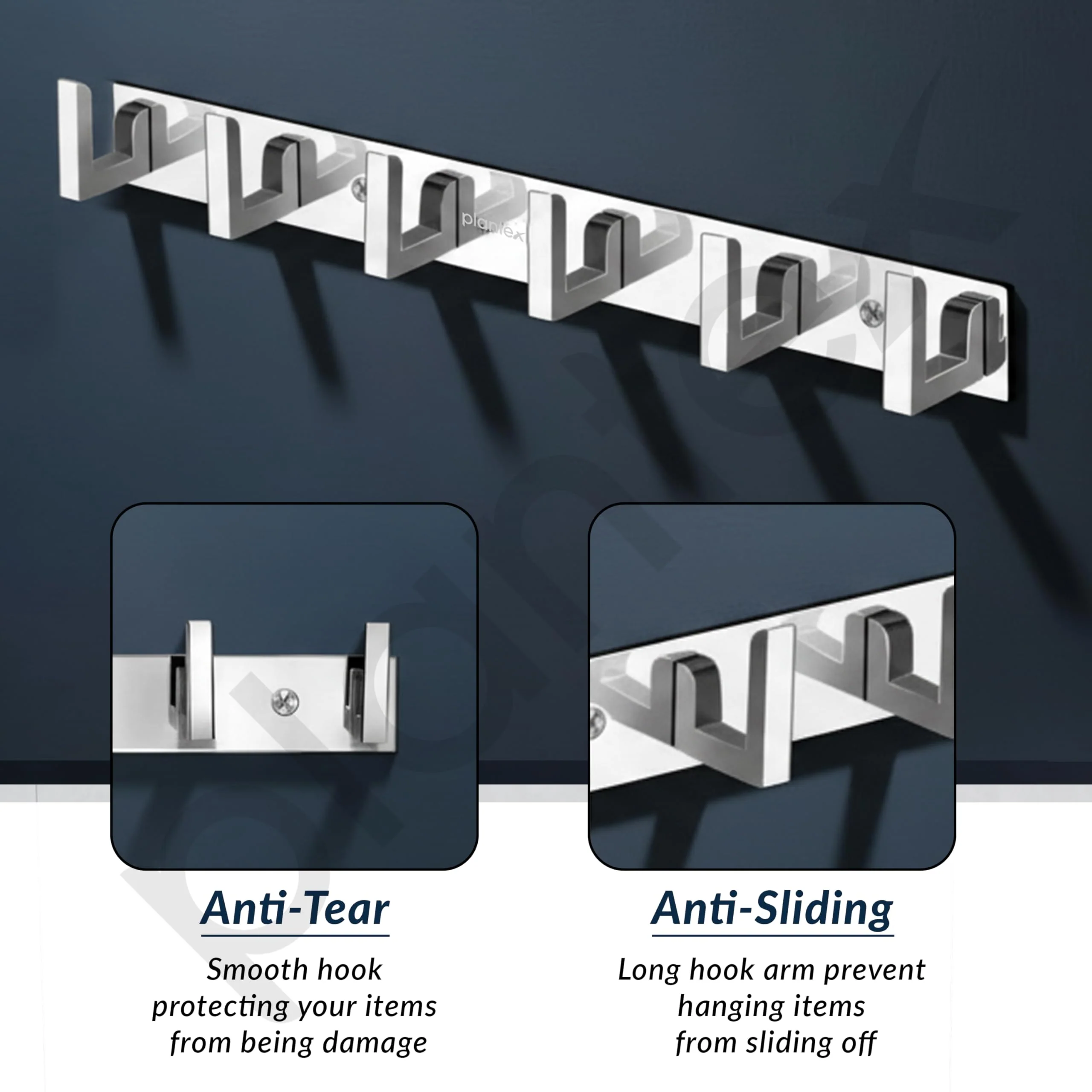 Plantex Aluminum Hook Rail with L-Shape Hooks for Walls of Bathroom/Kitchen–Hook Rail Bar for Clothes/Towel/Keys-Pack of 2 (6 Hooks,Chrome) - Image 2