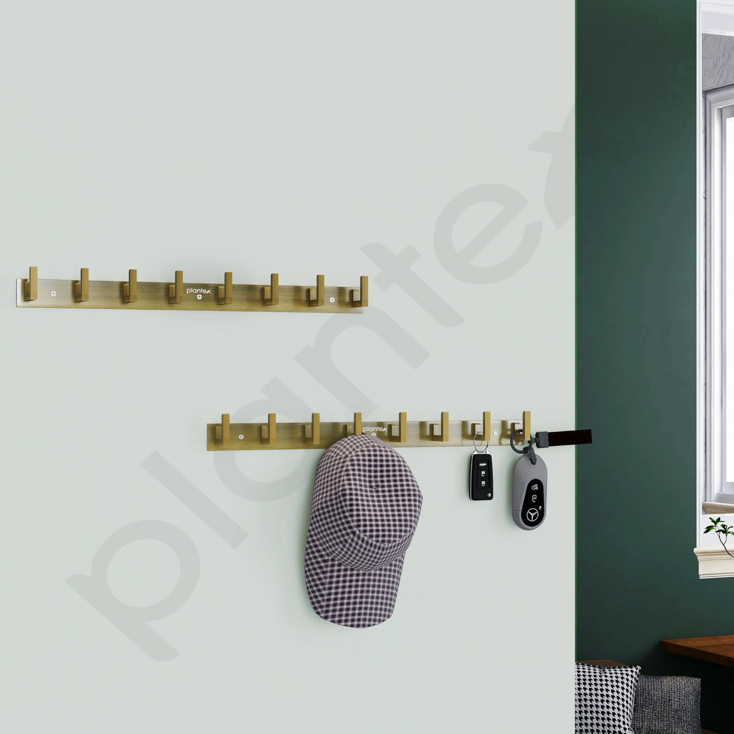 Plantex Aluminum Hook Rail with L-Shape Hooks for Walls of Bathroom/Kitchen–Hook Rail Bar for Clothes/Towel/Keys-Pack of 2 (8 Hooks, Brass Antique) - Image 2