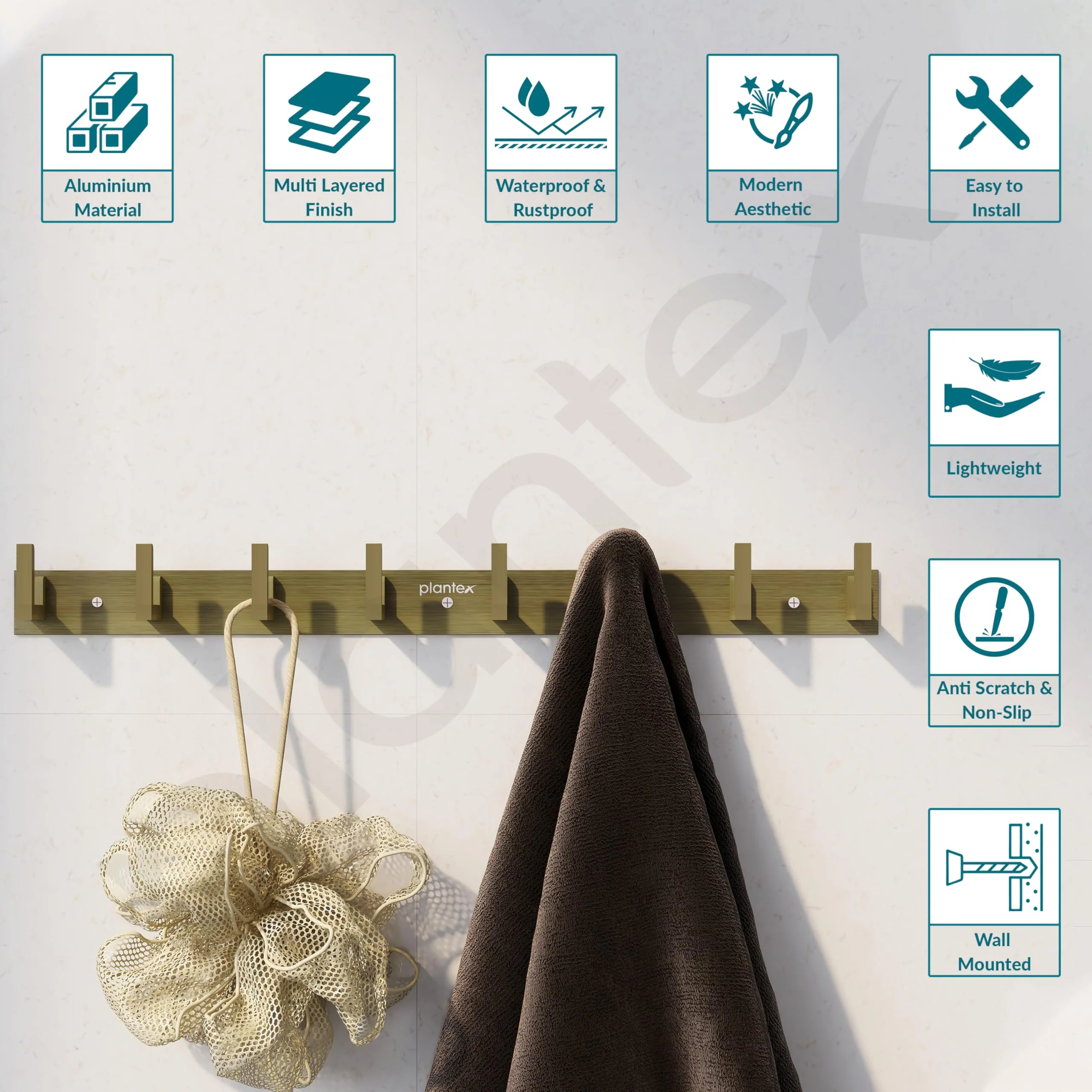 Plantex Aluminum Hook Rail with L-Shape Hooks for Walls of Bathroom/Kitchen–Hook Rail Bar for Clothes/Towel/Keys-Pack of 2 (8 Hooks, Brass Antique) - Image 4