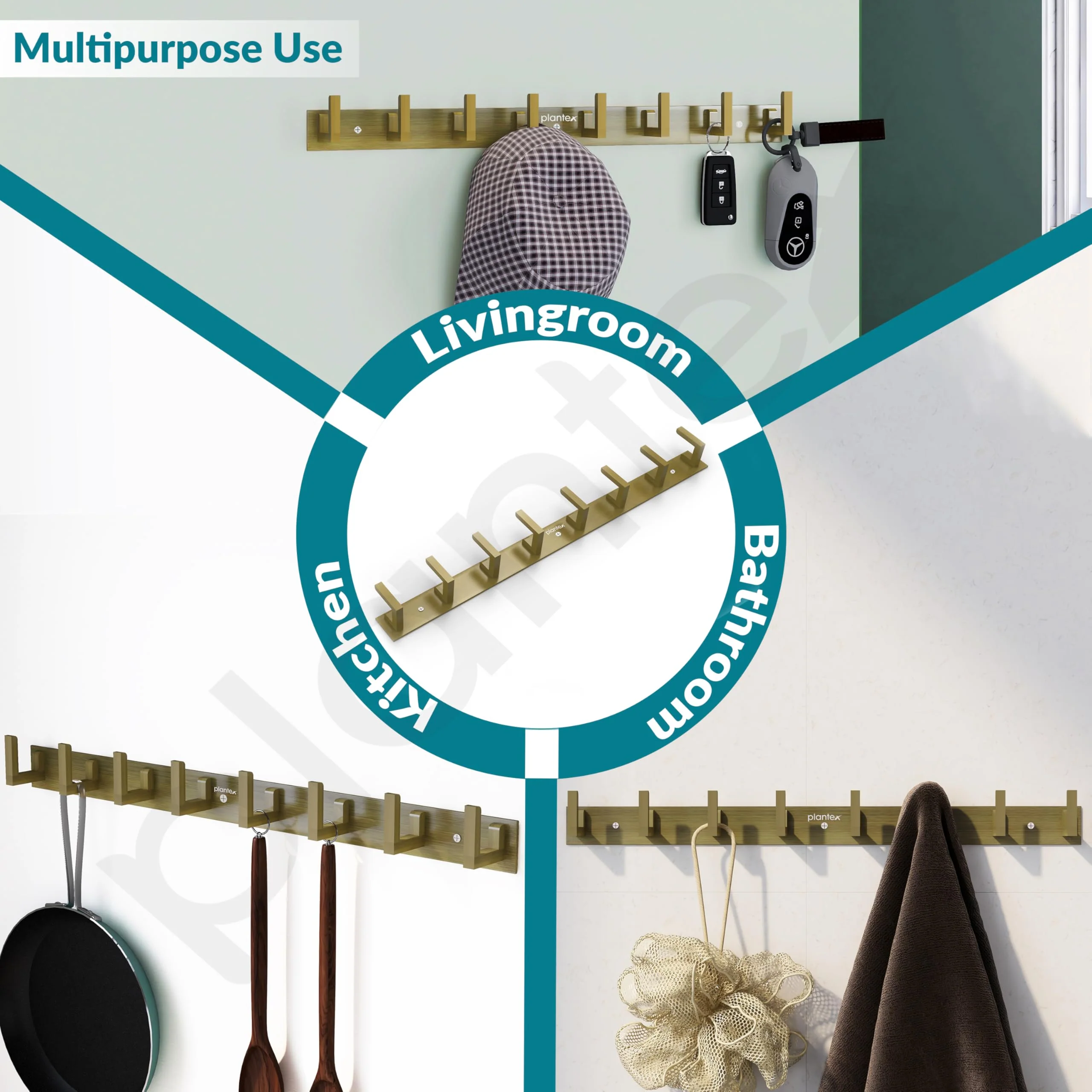 Plantex Aluminum Hook Rail with L-Shape Hooks for Walls of Bathroom/Kitchen–Hook Rail Bar for Clothes/Towel/Keys-Pack of 2 (8 Hooks, Brass Antique) - Image 5