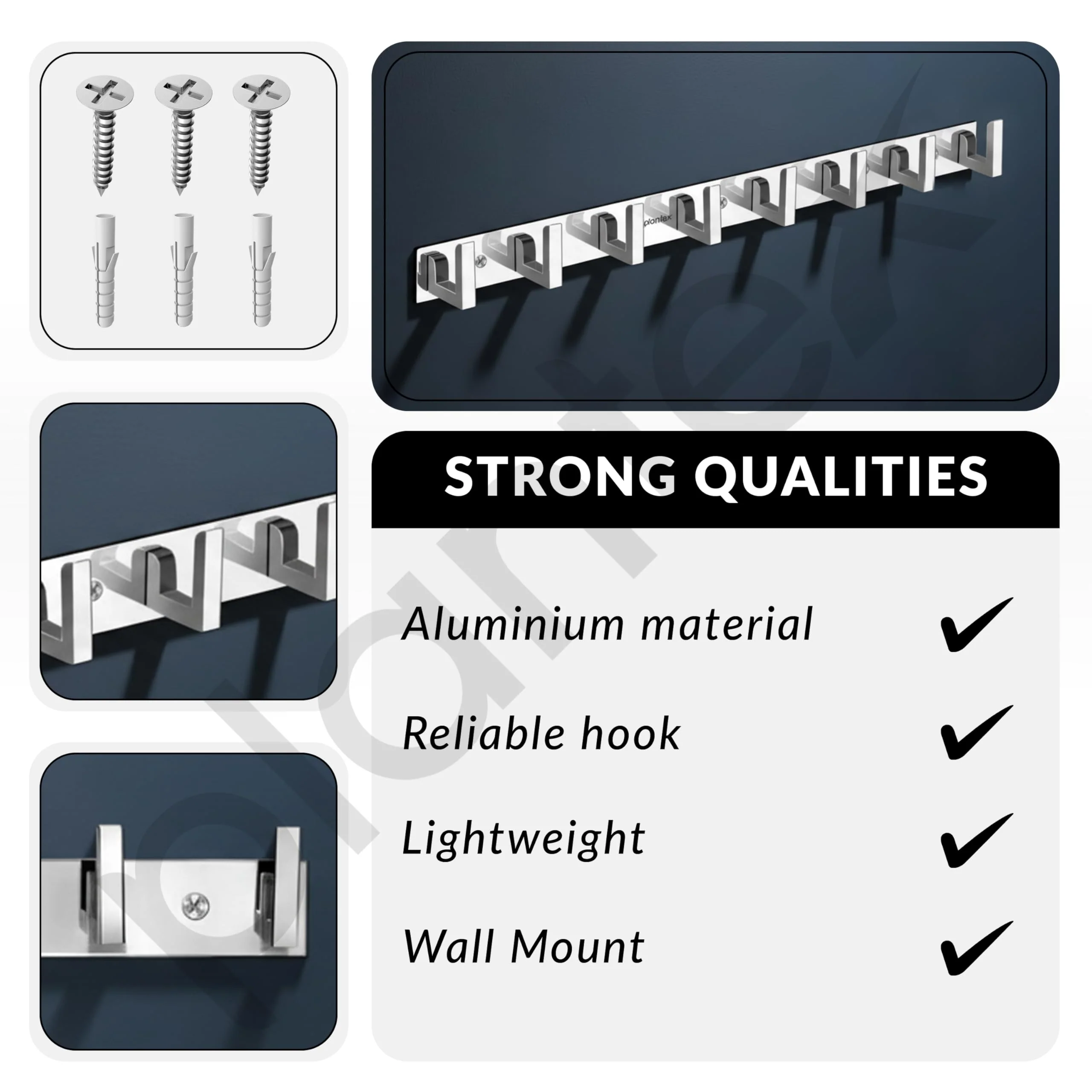 Plantex Aluminum Hook Rail with L-Shape Hooks for Walls of Bathroom/Kitchen–Hook Rail Bar for Clothes/Towel/Keys-Pack of 2 (8 Hooks,Chrome) - Image 5