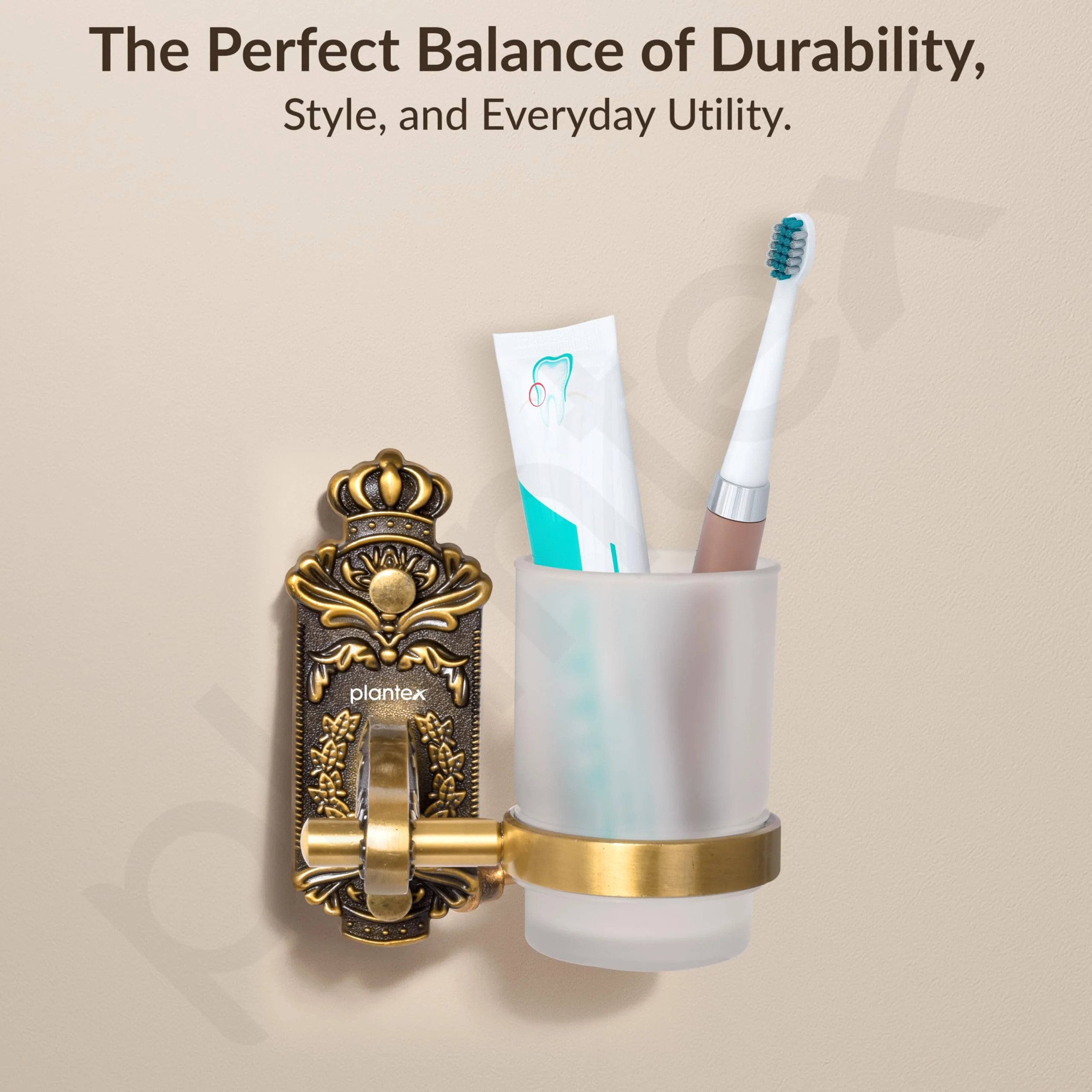 Plantex Antique Aluminium Tumbler Holder/Matt Glass Tooth Brush Stand/Bathroom Accessories (Brass-Antique Finish) - Image 6