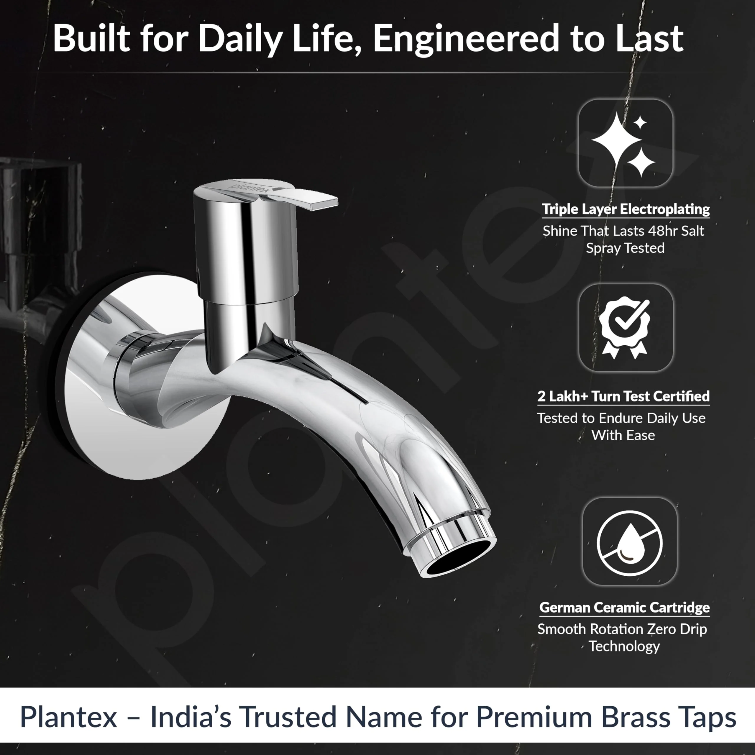 Plantex AQ-1402 Pure Brass Bib Cock Water Tap with Water Saving Aerator/Bib Tap with Brass Wall Flange & Teflon Tape-7 Year Warranty (Mirror Chrome Finish) - Image 2