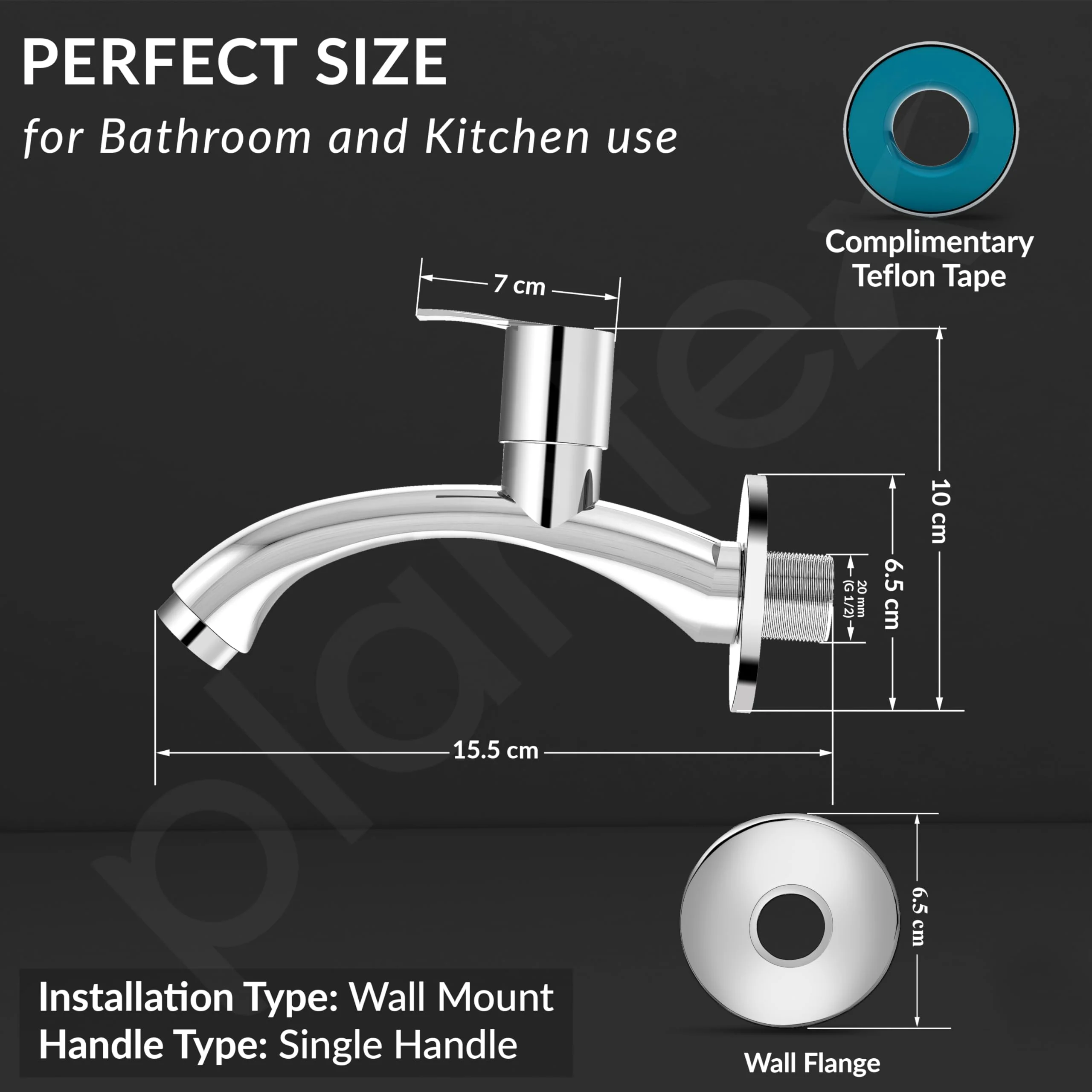 Plantex AQ-1402 Pure Brass Bib Cock Water Tap with Water Saving Aerator/Bib Tap with Brass Wall Flange & Teflon Tape-7 Year Warranty (Mirror Chrome Finish) - Image 4