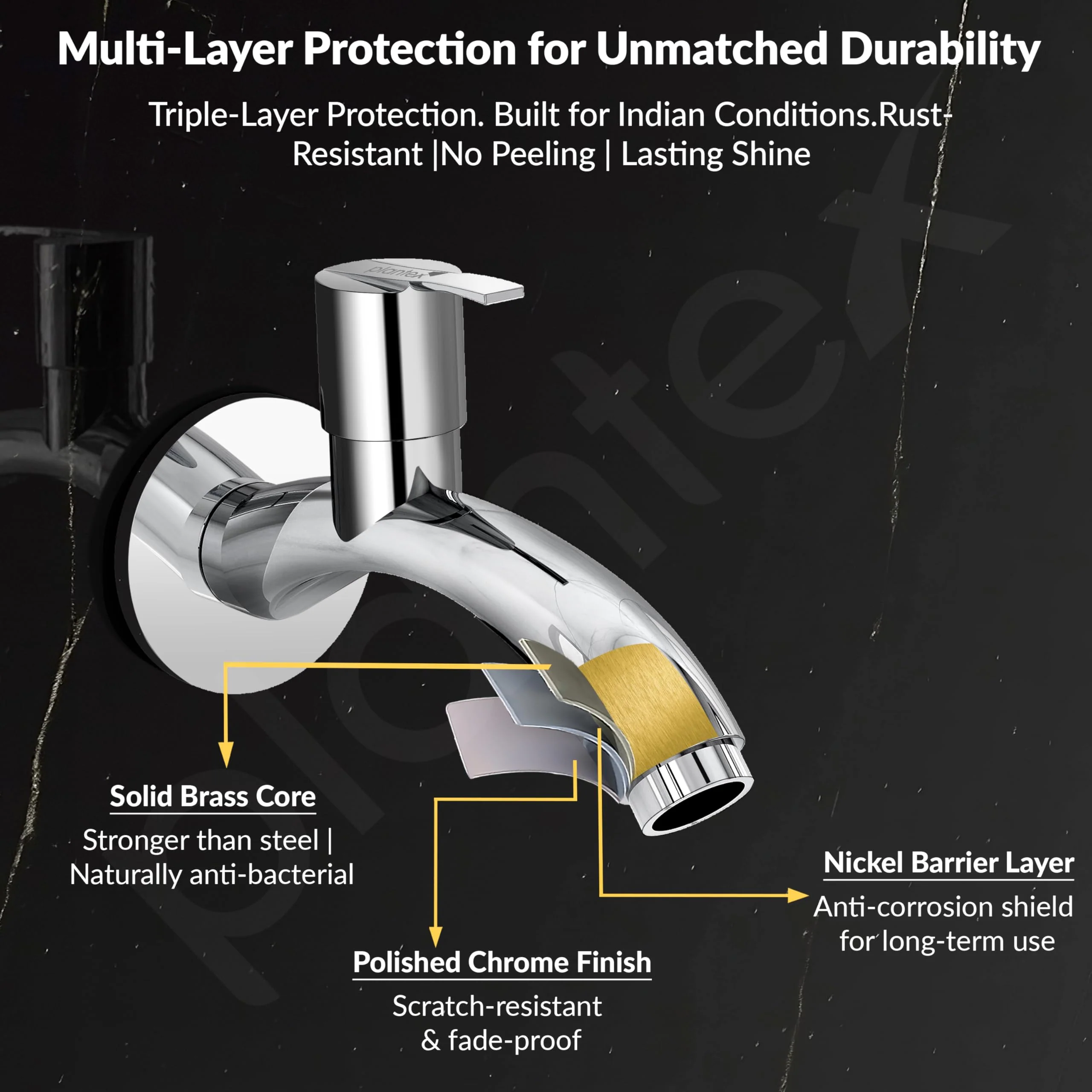 Plantex AQ-1402 Pure Brass Bib Cock Water Tap with Water Saving Aerator/Bib Tap with Brass Wall Flange & Teflon Tape-7 Year Warranty (Mirror Chrome Finish) - Image 5