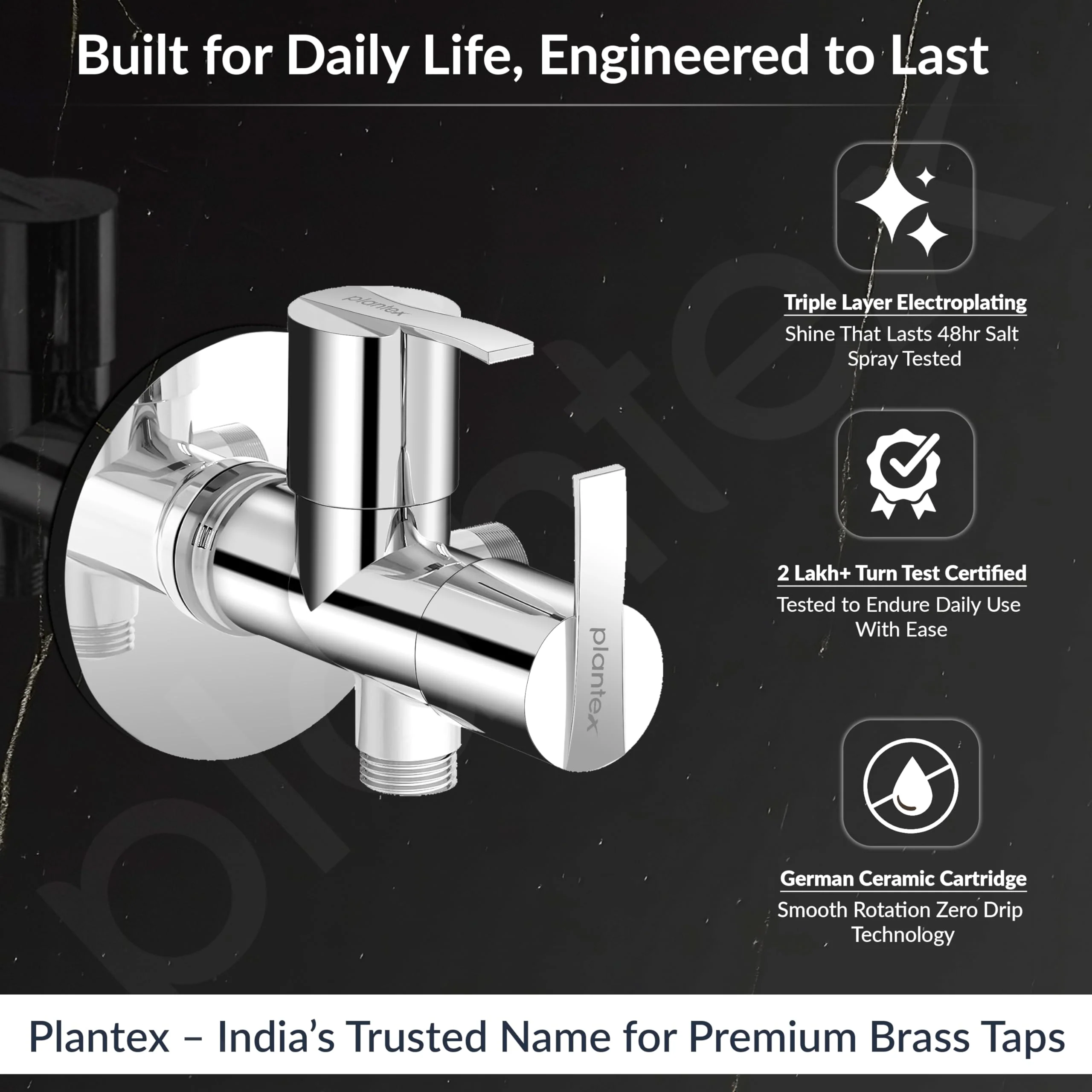 Plantex AQ-1408 Pure Brass 2-Way Angle Valve Tap/Angle Cock for Bathroom/Stop Cock With Brass Wall Flange & Teflon Tape (Mirror-Chrome Finish) - Image 2