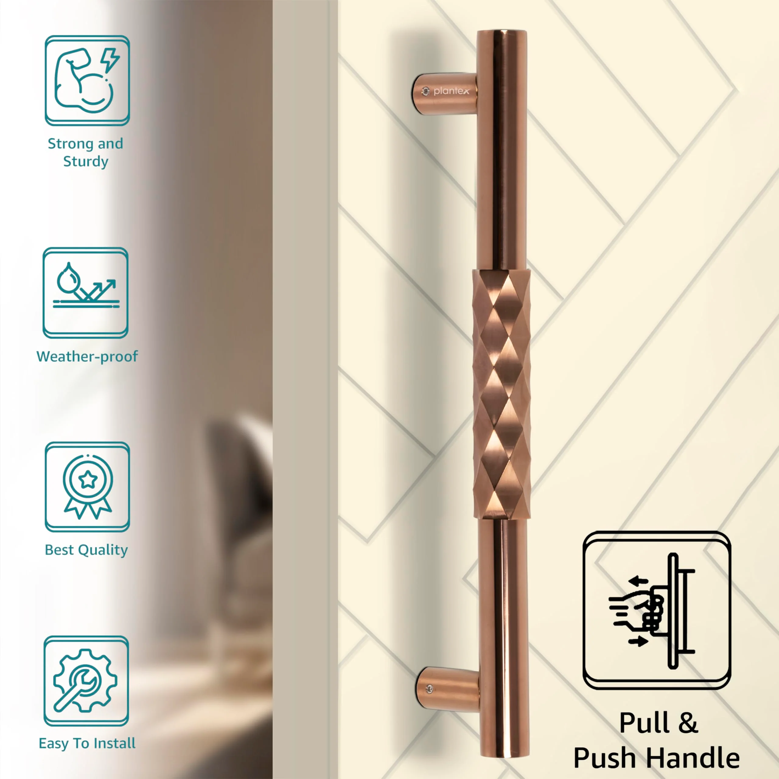 Plantex Aura Door Handle/Door & Home Decor/14 Inch Main Door Handle/Door Pull Push Handle – Pack of 1 (299,PVD Rose Gold Finish) - 3 Years Warranty - Image 3
