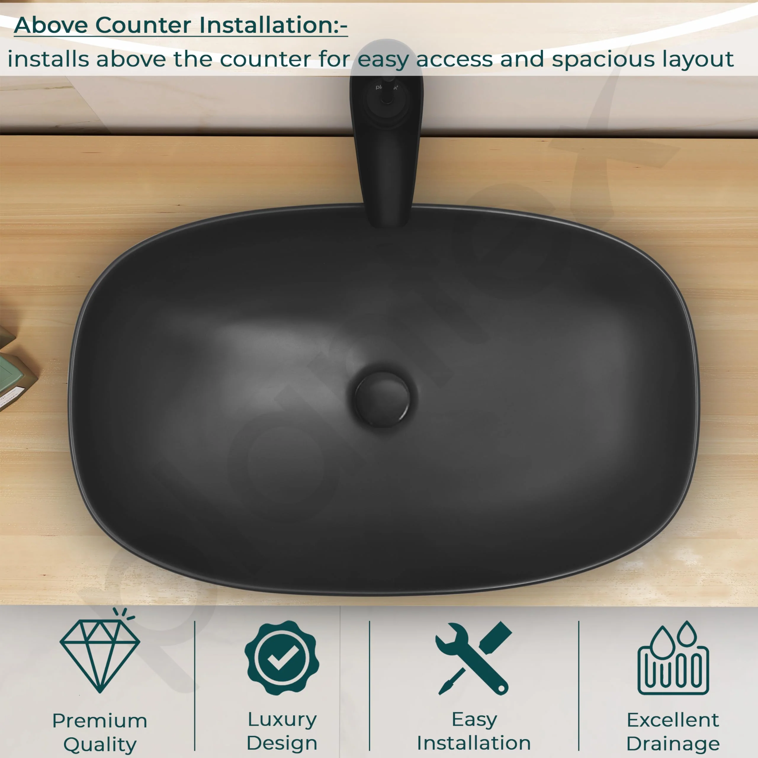 Plantex Black Basin for Bathroom/Ceramic Table Top Wash Basin/Over Counter Washbasin for Restaurant, Hotel (Matt Black, 23 x 14.5 x 5 Inch) - Image 3