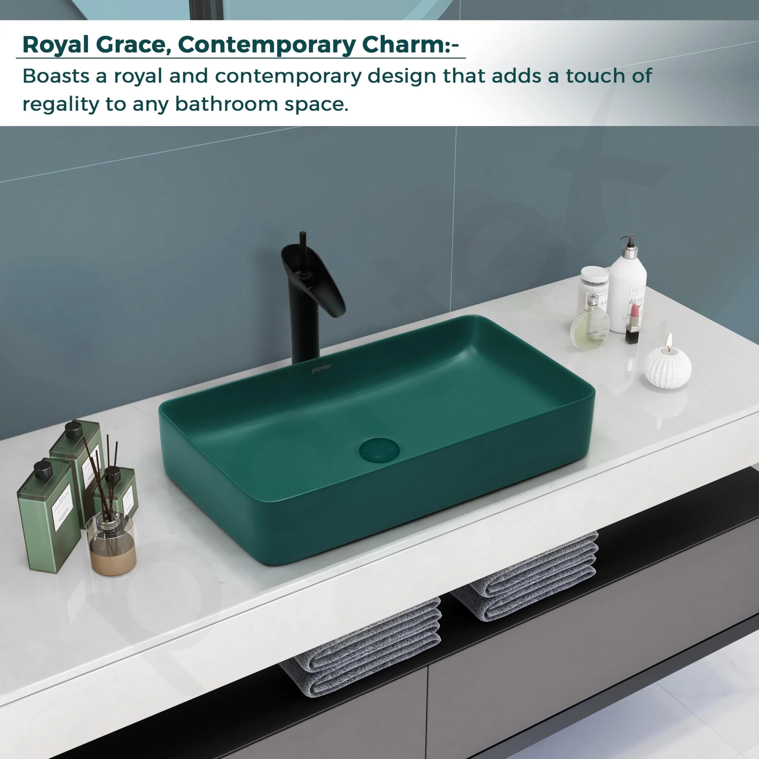 Plantex Basin for Bathroom/Ceramic Table Top Wash Basin/Over Counter Washbasin for Restaurant/Hotel (Rectangle - Matt Green, 24 x 14 x 4.5 Inch) - Image 5