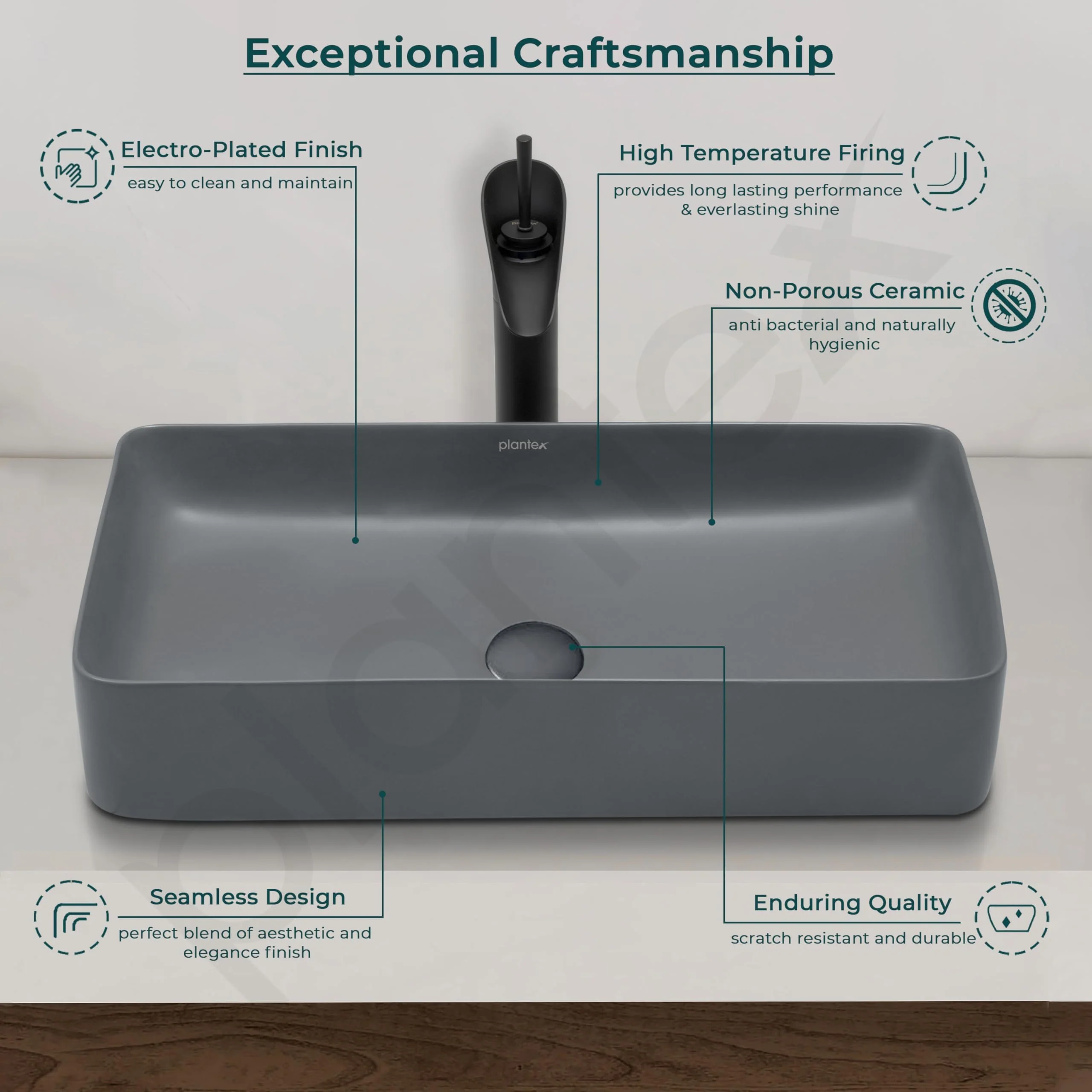 Plantex Basin for Bathroom/Ceramic Table Top Wash Basin/Over Counter Washbasin for Restaurant, Hotel (Rectangle - Matt Grey, 24 x 14 x 4.5 Inch) - Image 3