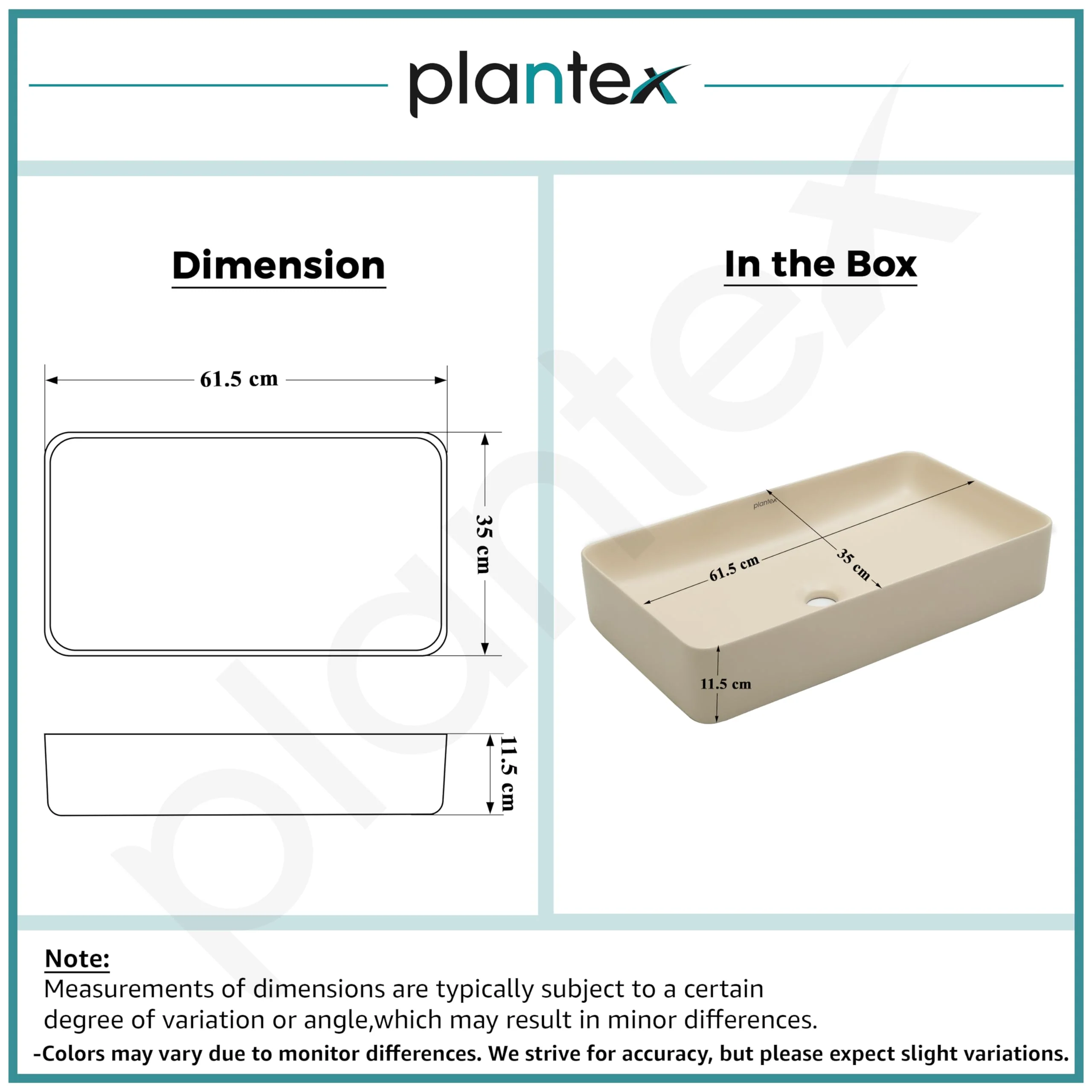Plantex Basin for Bathroom/Ceramic Table Top Wash Basin/Over Counter Washbasin for Restaurant, Hotel (Rectangle - Matt Khaki, 24 x 14 x 4.5 Inch) - Image 2