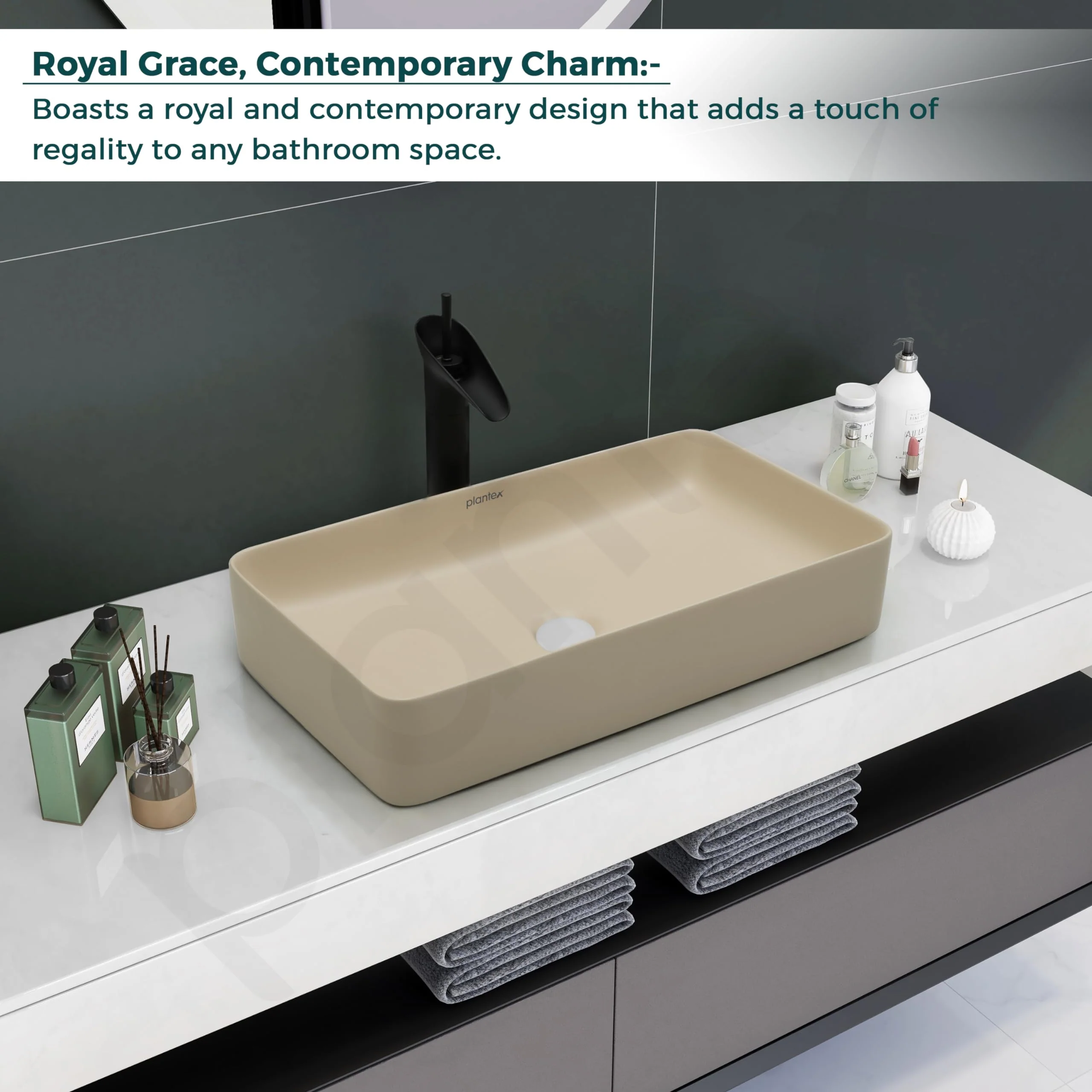 Plantex Basin for Bathroom/Ceramic Table Top Wash Basin/Over Counter Washbasin for Restaurant, Hotel (Rectangle - Matt Khaki, 24 x 14 x 4.5 Inch) - Image 5