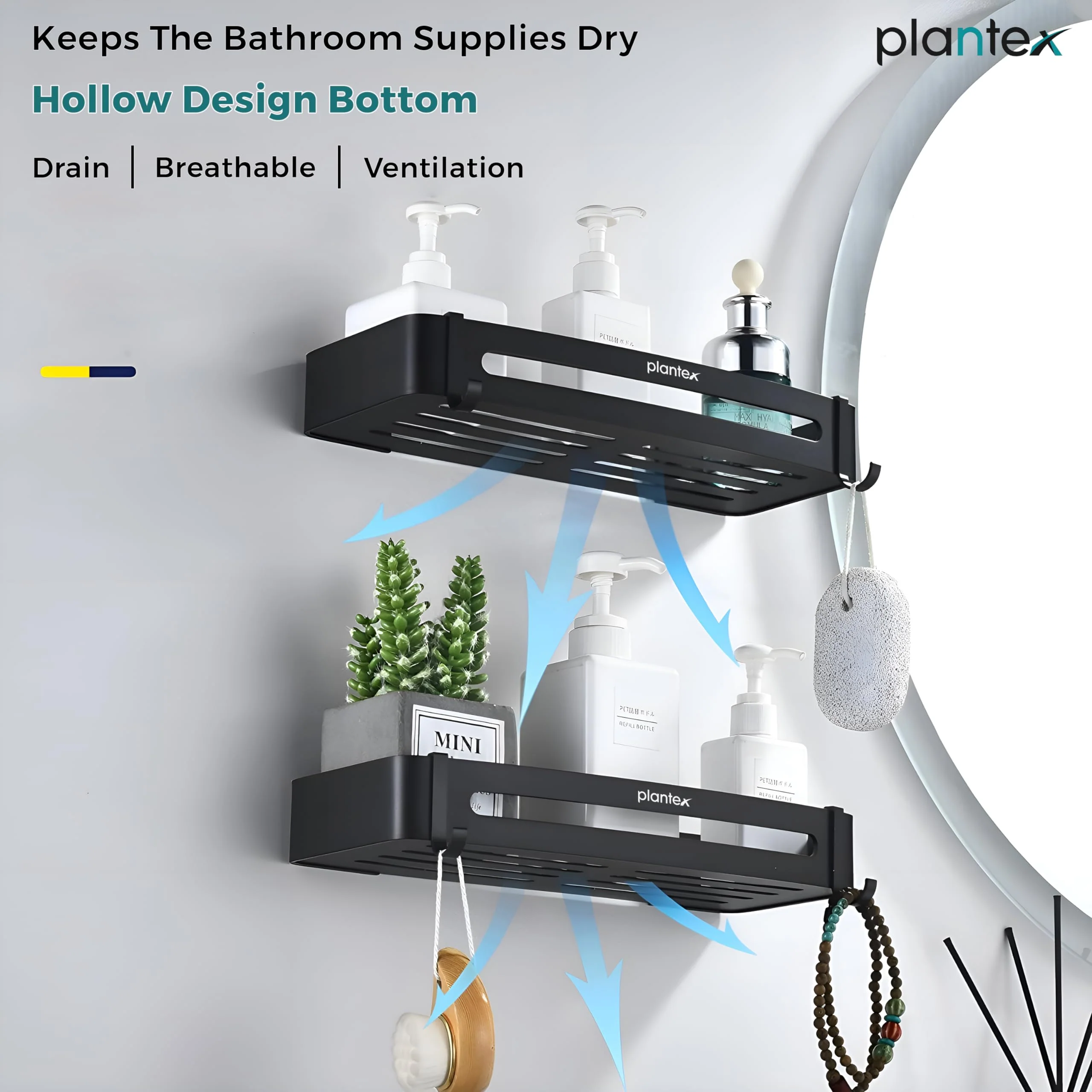 Plantex Bathroom Accessories Items/Space Aluminium Bathroom Shelf with Removable Hooks/Wall Mounted Shelf for Bathroom/Kitchen/Living Room - 12x5 inches, Black (Pack of 2) - Image 2