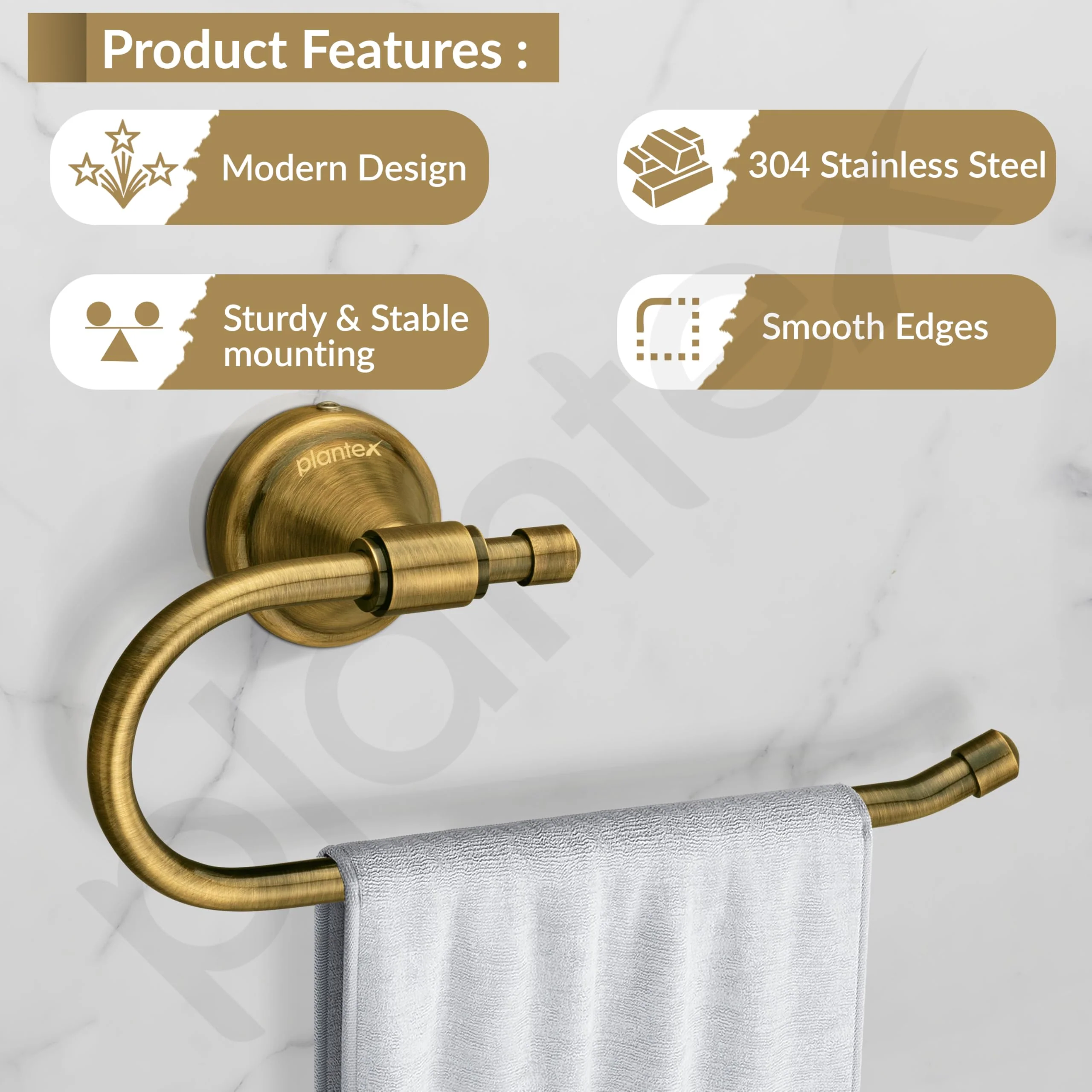 Plantex Bathroom Accessories - Stainless Steel 304 Grade Niko Napkin Holder/Towel Holder/Towel Hanger for Kitchen/Towel Ring (Brass Antique) - Image 2
