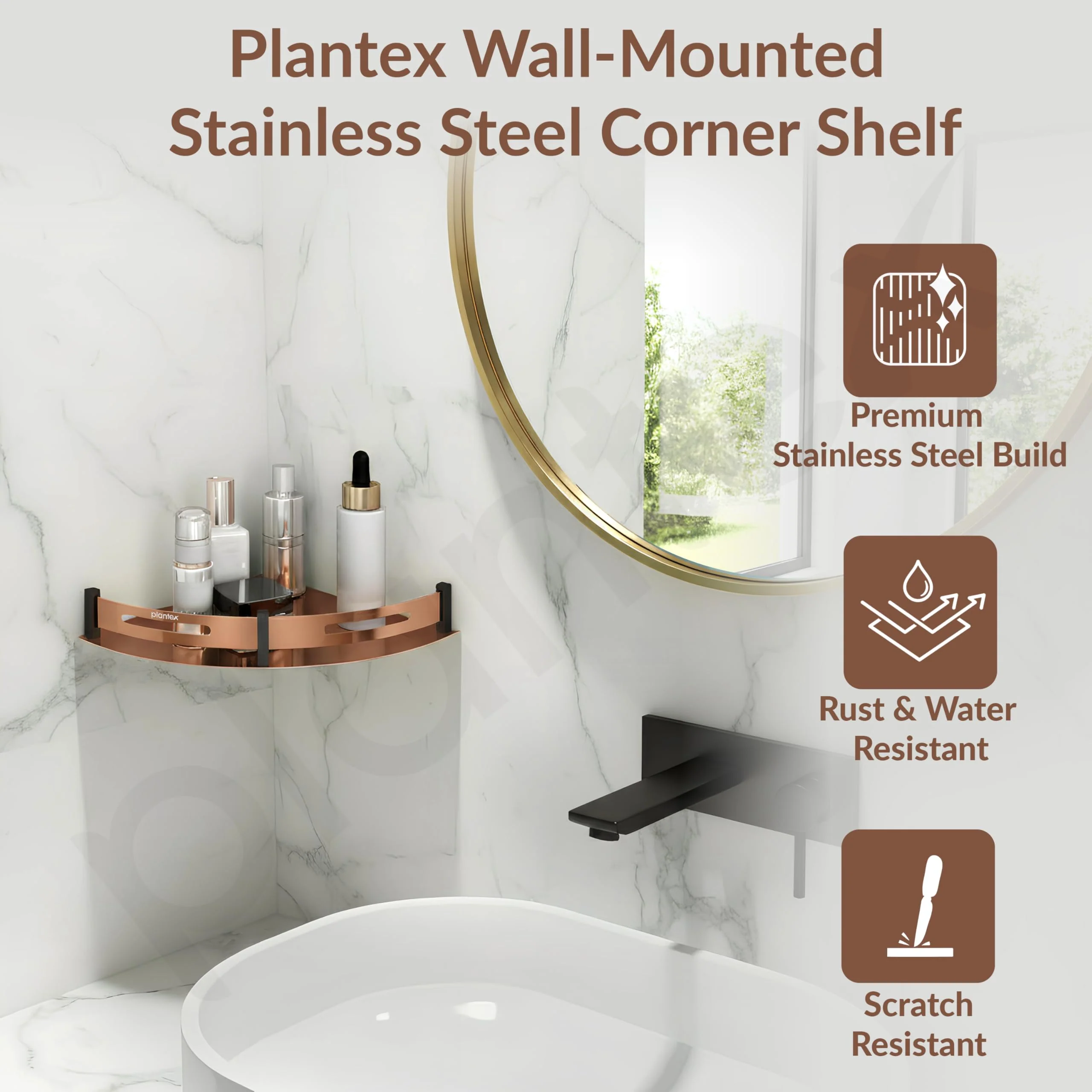 Plantex Bathroom Corner Rack for Wall/Stainless Steel Shelf for Bathroom Corner with Railings/Bathroom Accessories Holder (9x9 inches, PVD Rose Gold & Black) - Image 2