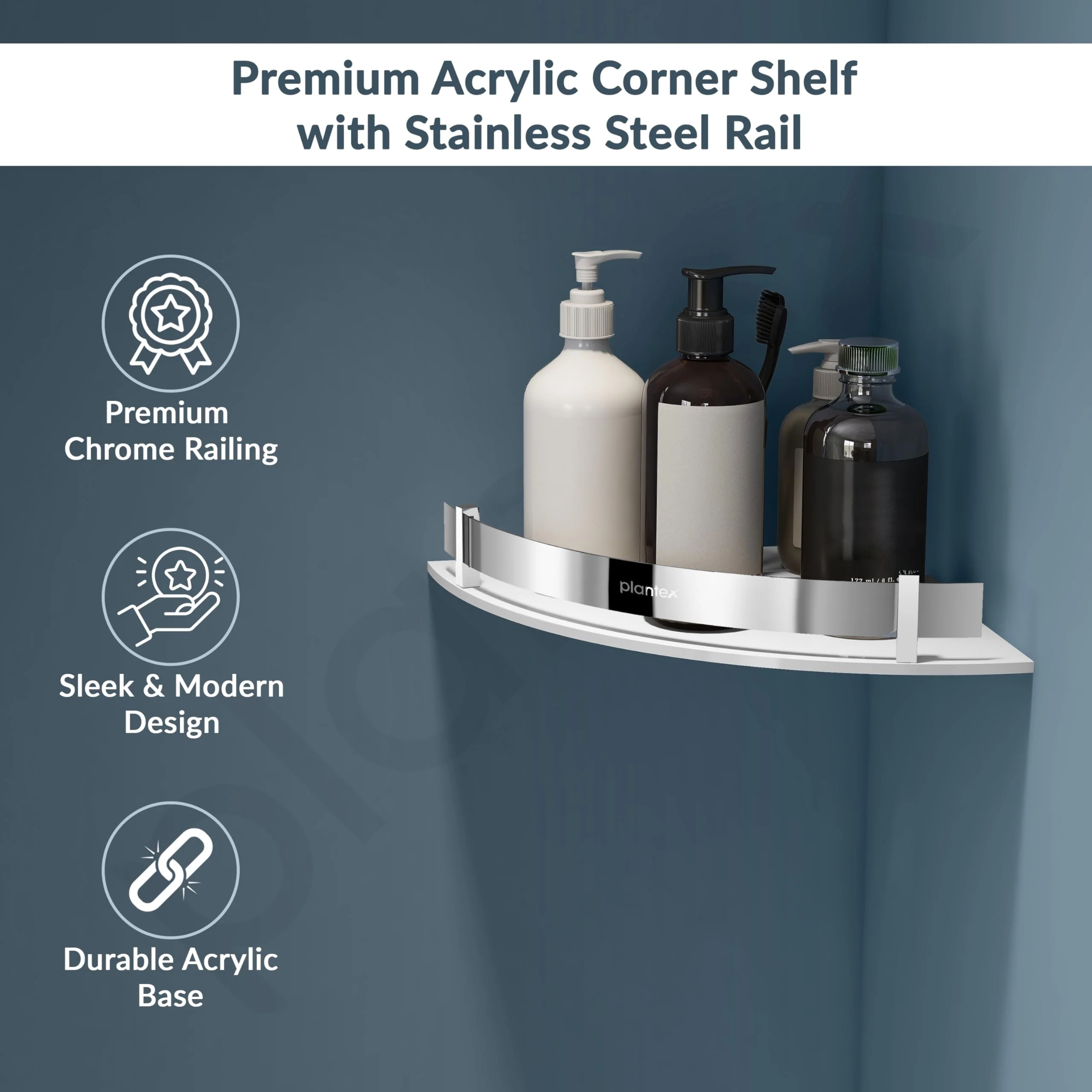 Plantex Bathroom Corner Shelf for Wall Acrylic/Wall Mounted Shelf for Bathroom with Stainless Steel Railings/Wash Room Accessories Items (White, 10x10 inches) - Image 3