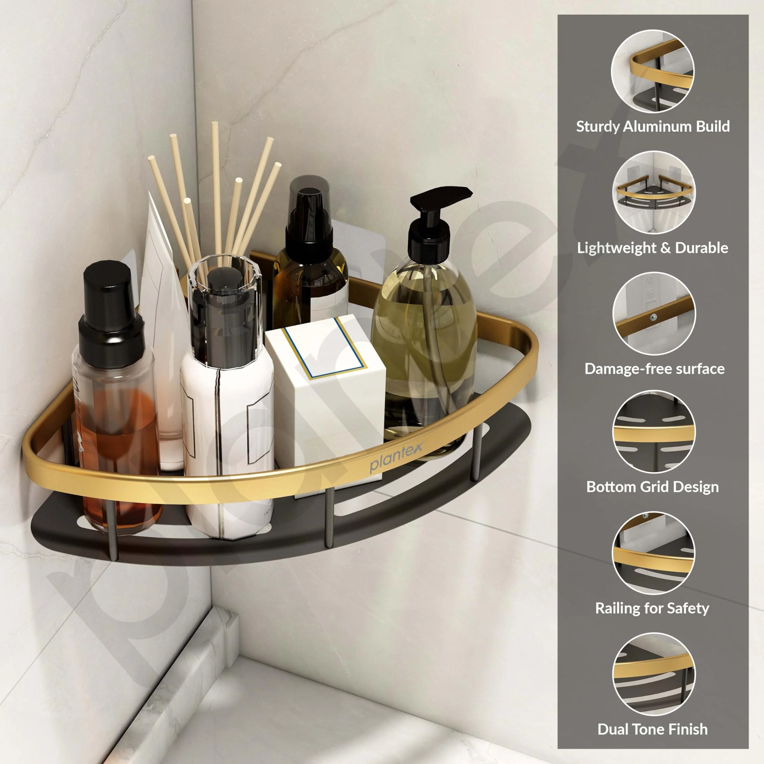Plantex Bathroom Corner Shelf for Wall/Aluminium Self Adhesive Corner Stand for Kitchen with Golden Railing & Magic Stickers/Bathroom Accessories Items (9x9 inches, Gold & Black) - Pack of 2 - Image 3