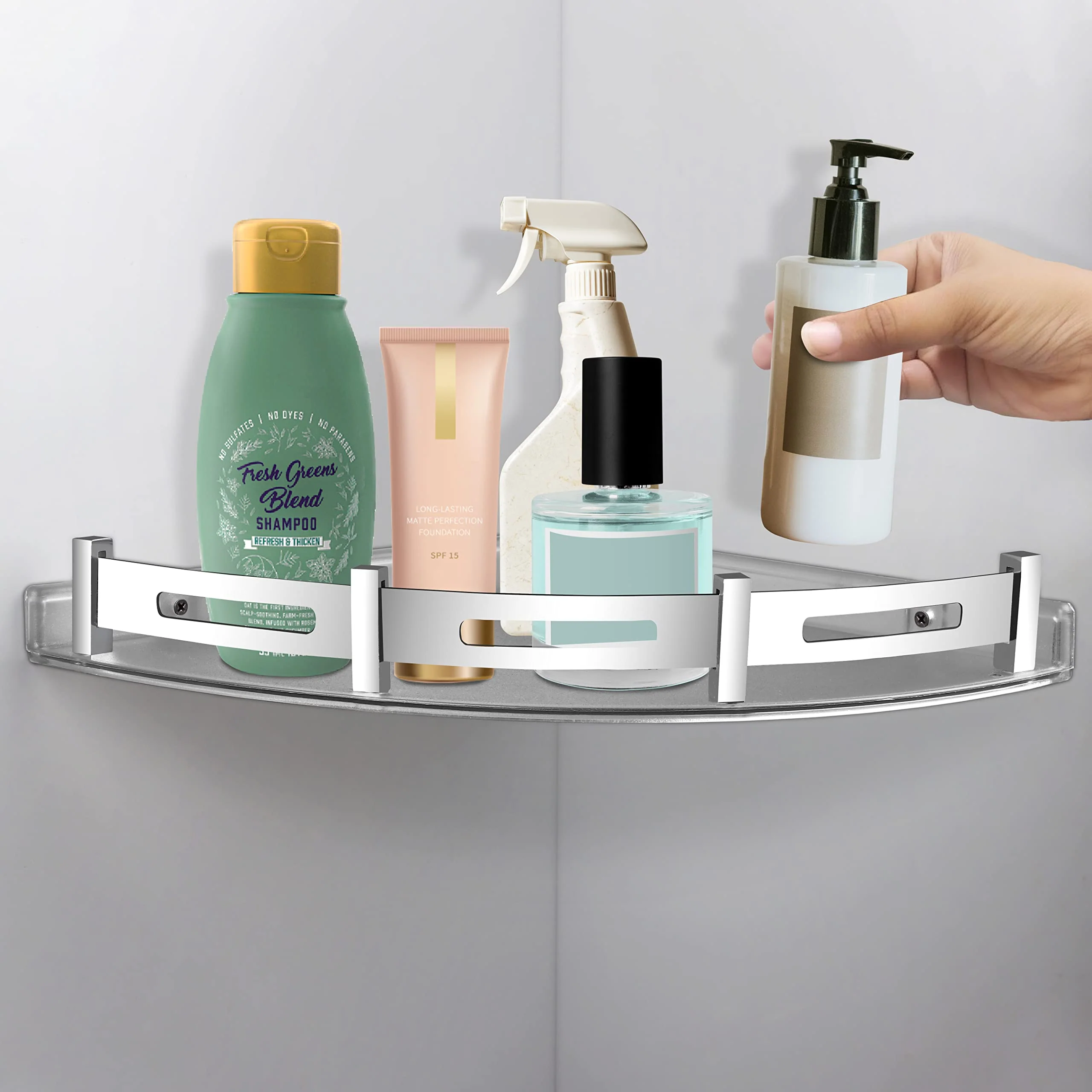 Plantex Bathroom Corner Shelf for Wall Plastic/Unbreakable Corner Stand for Bathroom with Stainless Steel Railings/Bathroom Accessories (9x9 inches, Transparent) - Image 5