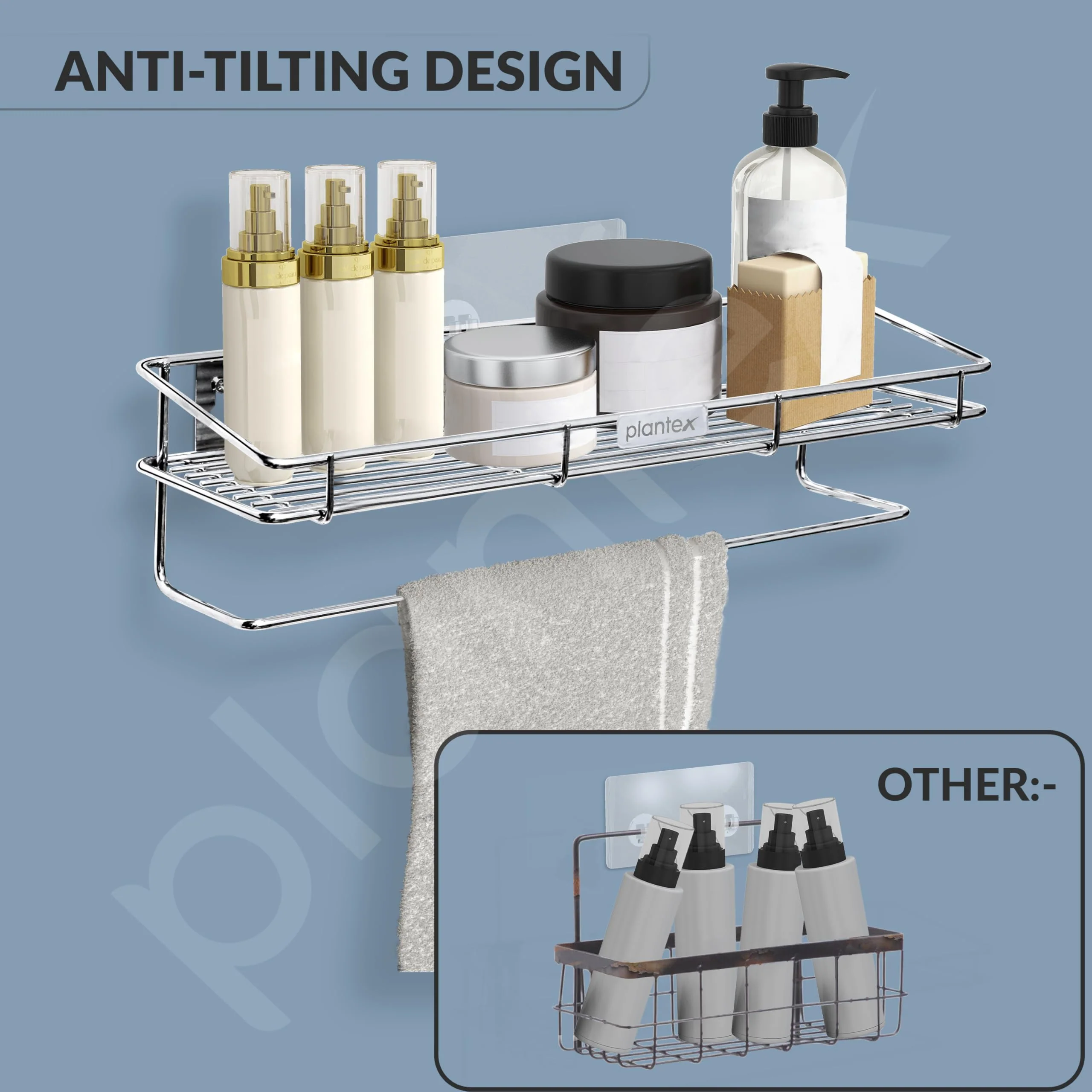 Plantex Self Adhesive Bathroom Shelf/Stainless Steel Shelf with Towel Rod/Napkin Holder/Kitchen Shelves & Racks/Kitchen Stand/Rack (Chrome) - Image 3