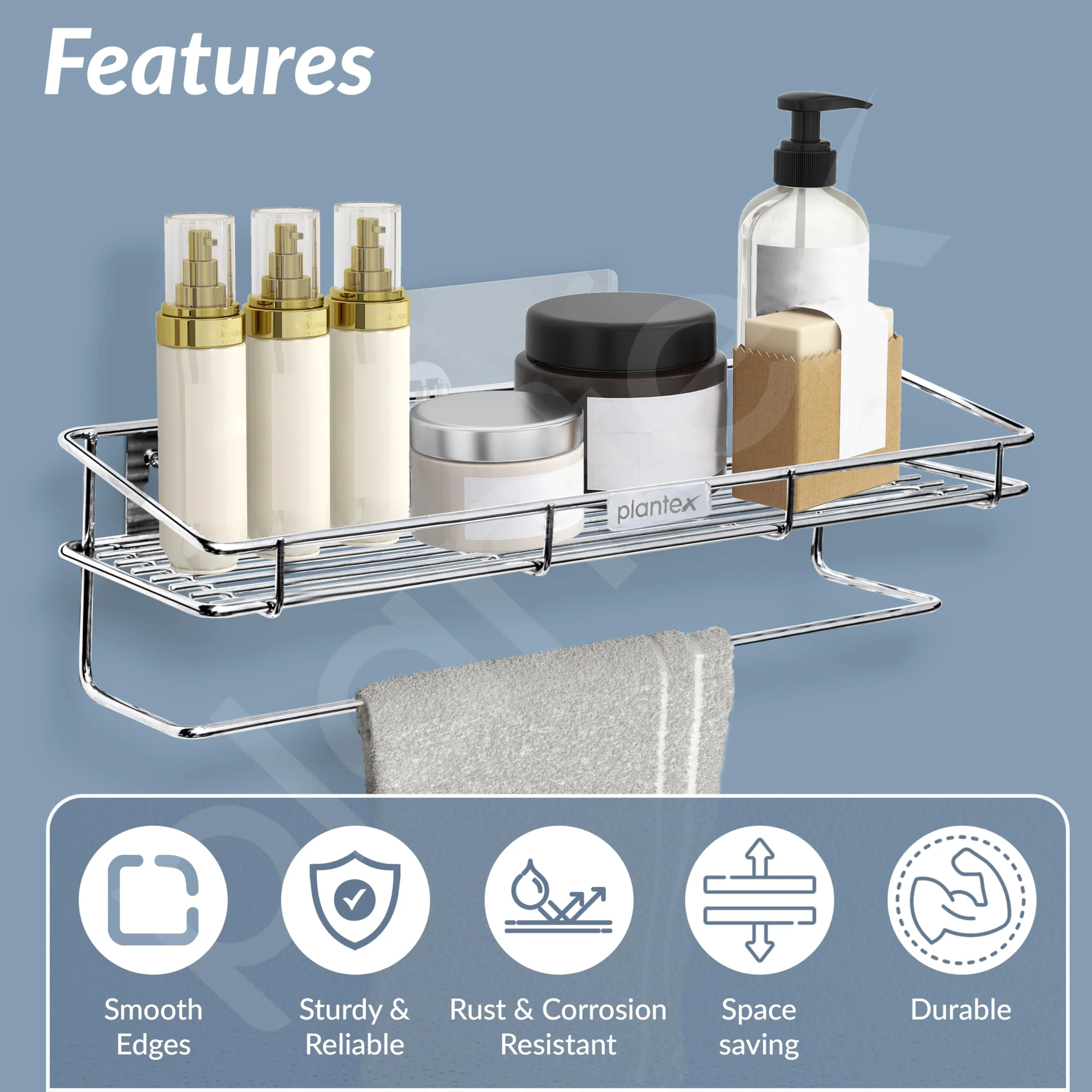 Plantex Self Adhesive Bathroom Shelf/Stainless Steel Shelf with Towel Rod/Napkin Holder/Kitchen Shelves & Racks/Kitchen Stand/Rack (Chrome) - Image 6