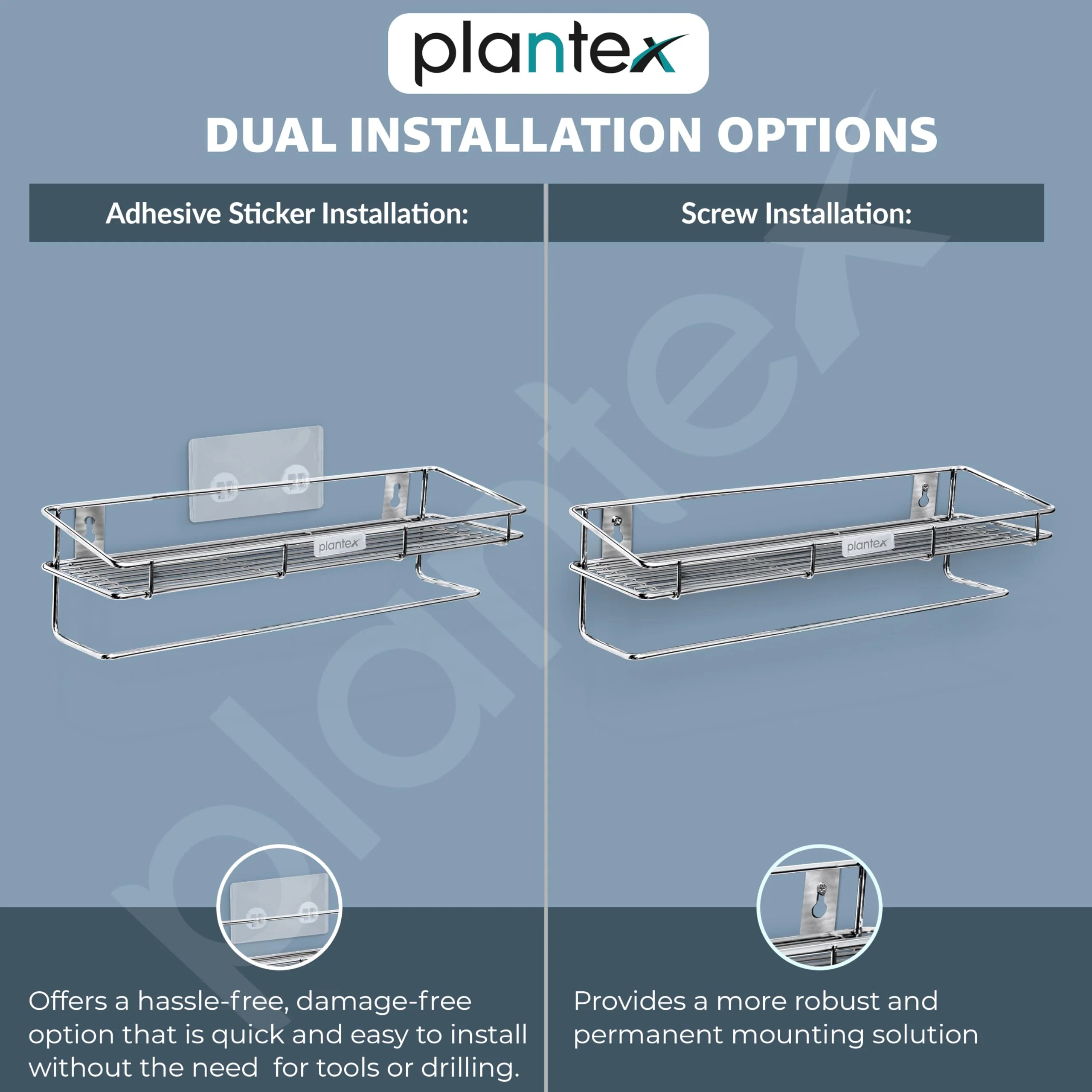 Plantex Self Adhesive Bathroom Shelf/Stainless Steel Shelf with Towel Rod/Napkin Holder/Kitchen Shelves & Racks/Kitchen Stand/Rack (Chrome) - Image 7