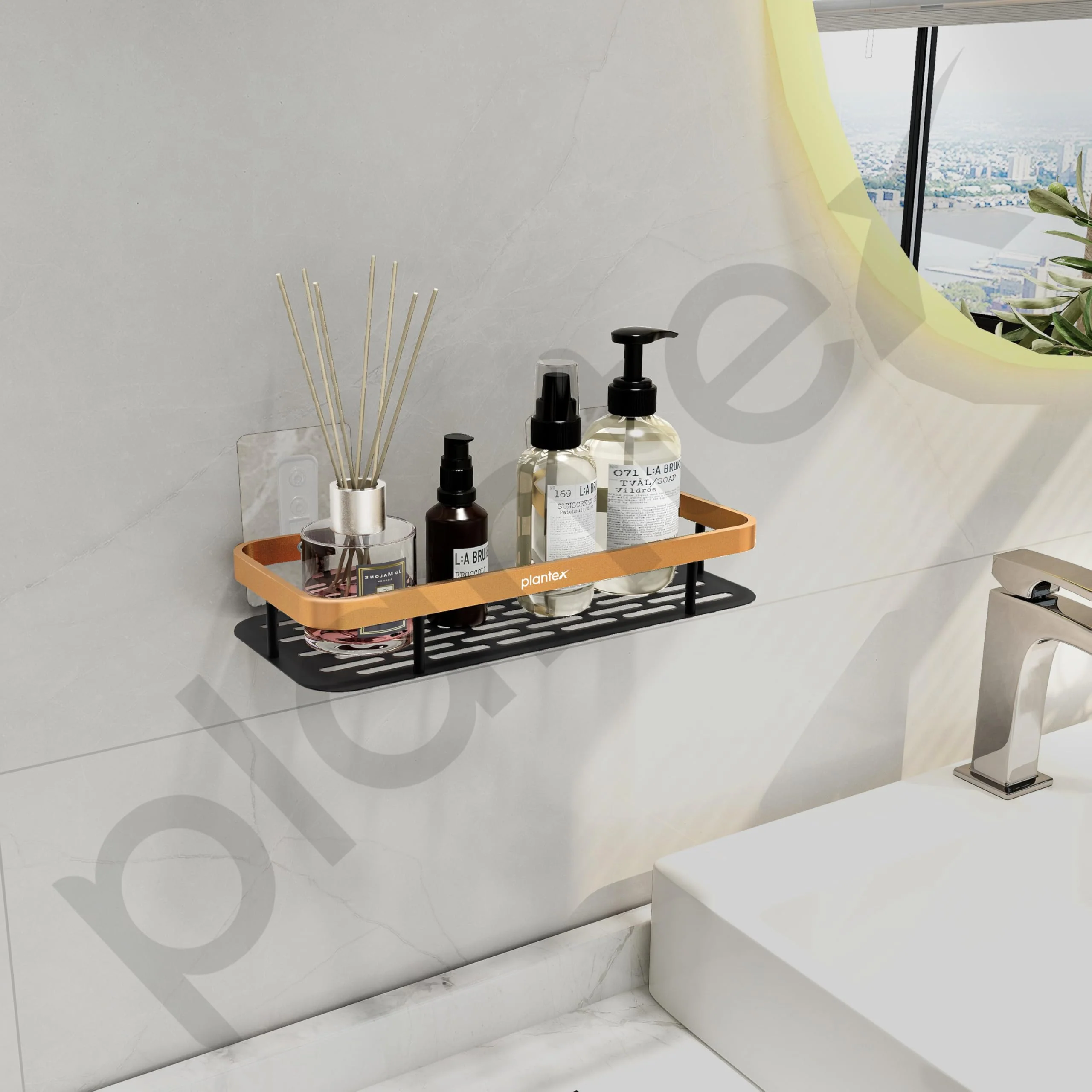 Plantex Bathroom Organiser Without Drill/Self Adhesive Aluminium Bathroom Shelf/Self Adhesive Shelf for Kitchen/Floating Storage Organiser (12x5 inches, Gold & Black) - Pack of 2 - Image 2