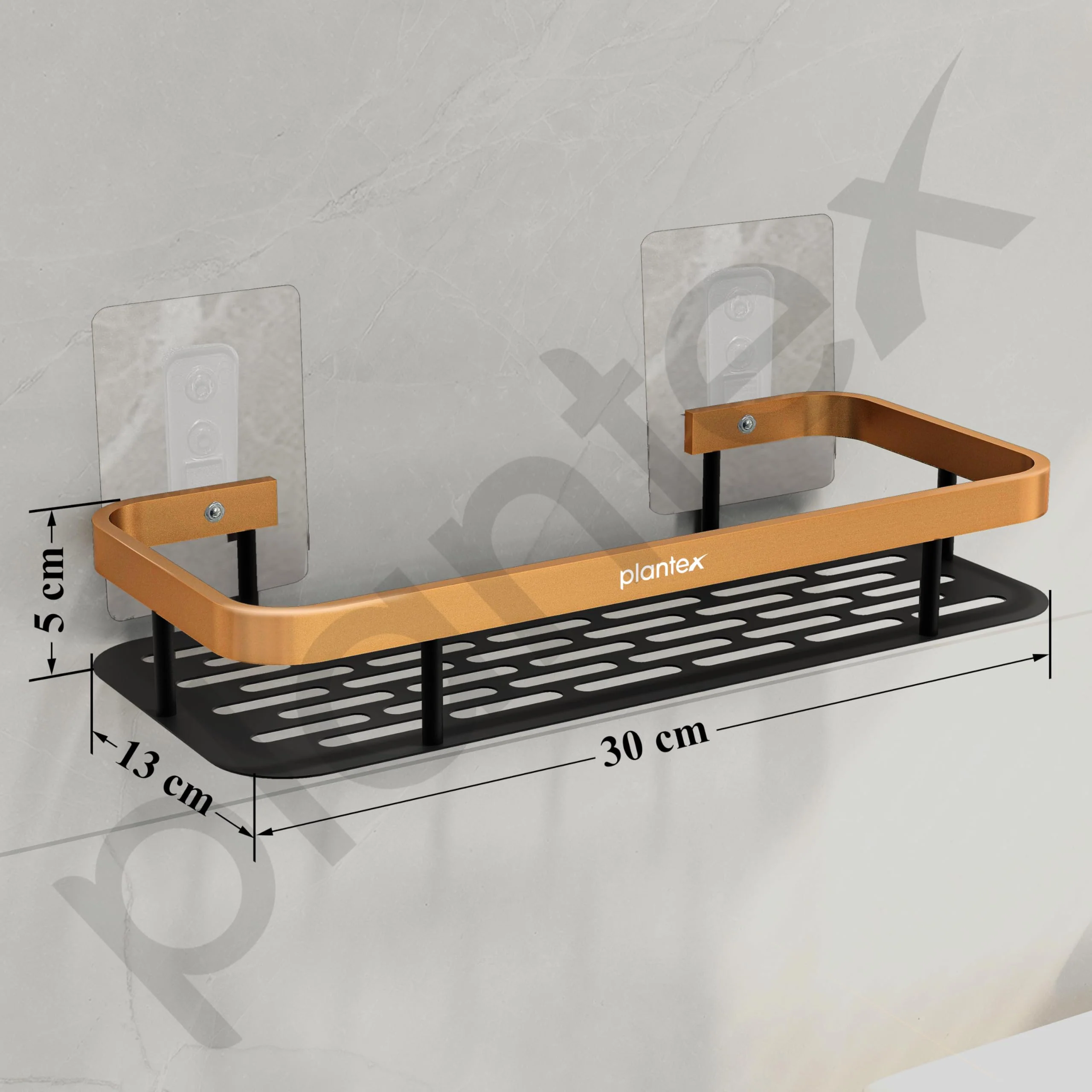 Plantex Bathroom Organiser Without Drill/Self Adhesive Aluminium Bathroom Shelf/Self Adhesive Shelf for Kitchen/Floating Storage Organiser (12x5 inches, Gold & Black) - Pack of 2 - Image 3
