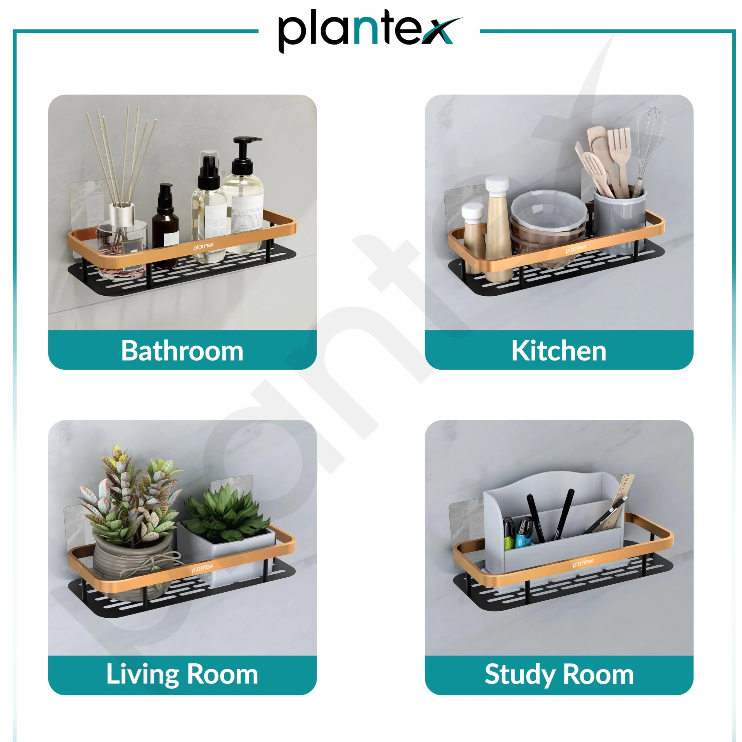 Plantex Bathroom Organiser Without Drill/Self Adhesive Aluminium Bathroom Shelf/Self Adhesive Shelf for Kitchen/Floating Storage Organiser (12x5 inches, Gold & Black) - Pack of 2 - Image 5