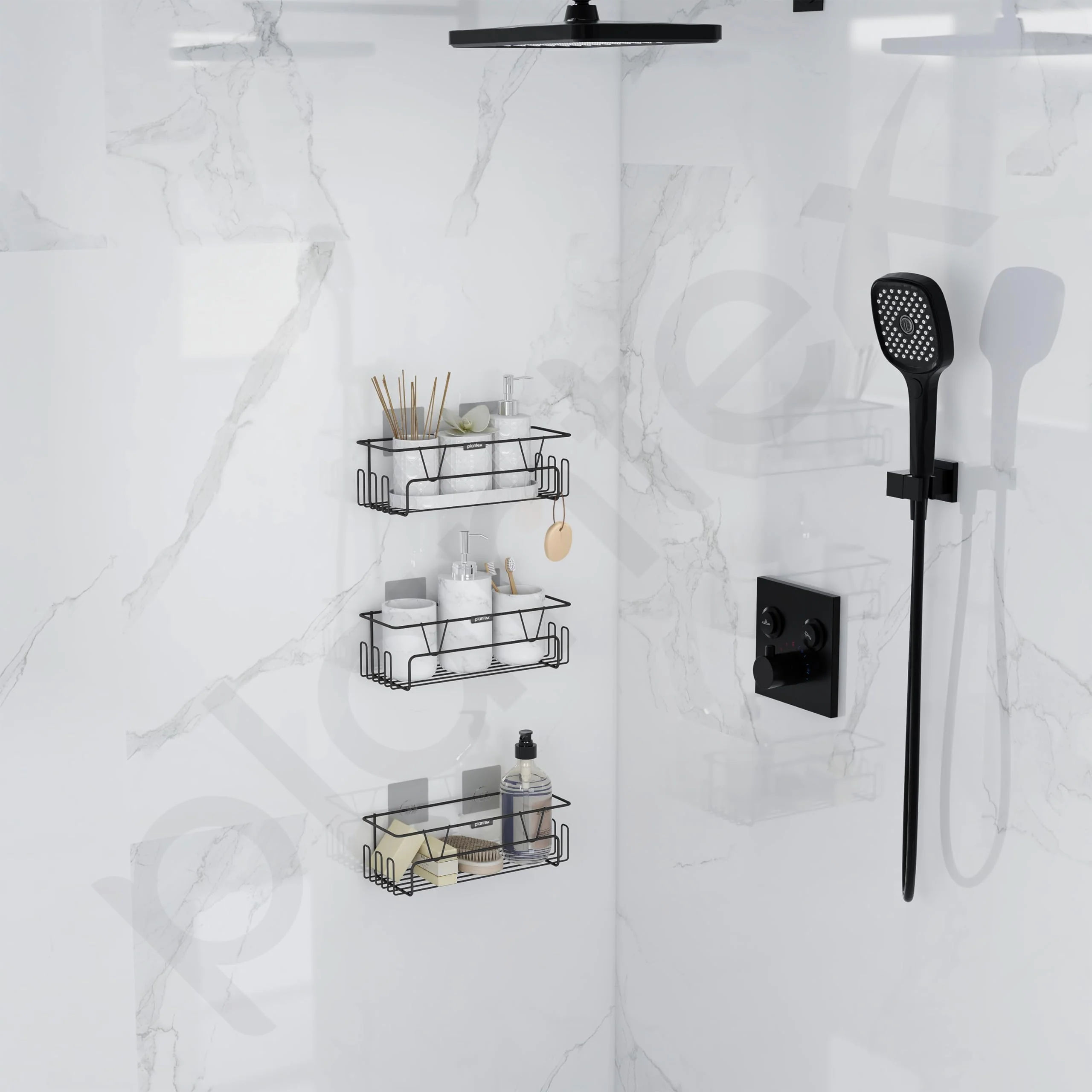 Plantex Bathroom Organiser Without Drill/Self Adhesive Bathroom Shelf for Wall/GI Steel Rack with Side Hooks & Magic Sticker/Bathroom Accessories Set (Black, Powder Coated) - Pack of 3 - Image 2