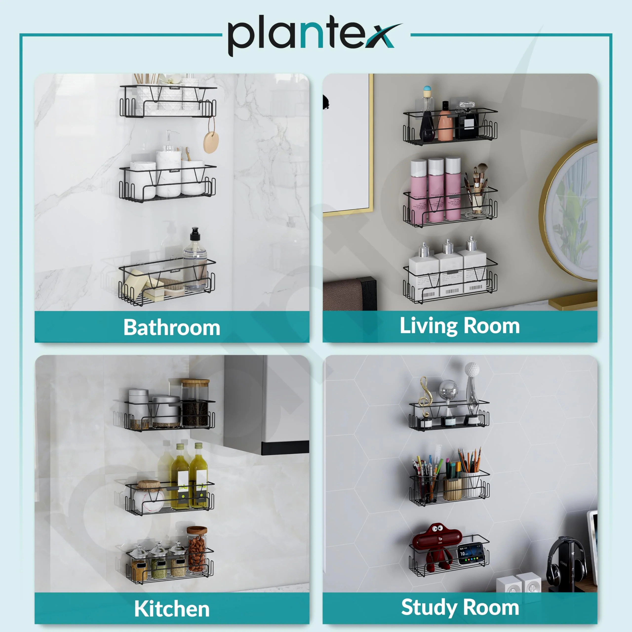 Plantex Bathroom Organiser Without Drill/Self Adhesive Bathroom Shelf for Wall/GI Steel Rack with Side Hooks & Magic Sticker/Bathroom Accessories Set (Black, Powder Coated) - Pack of 3 - Image 6