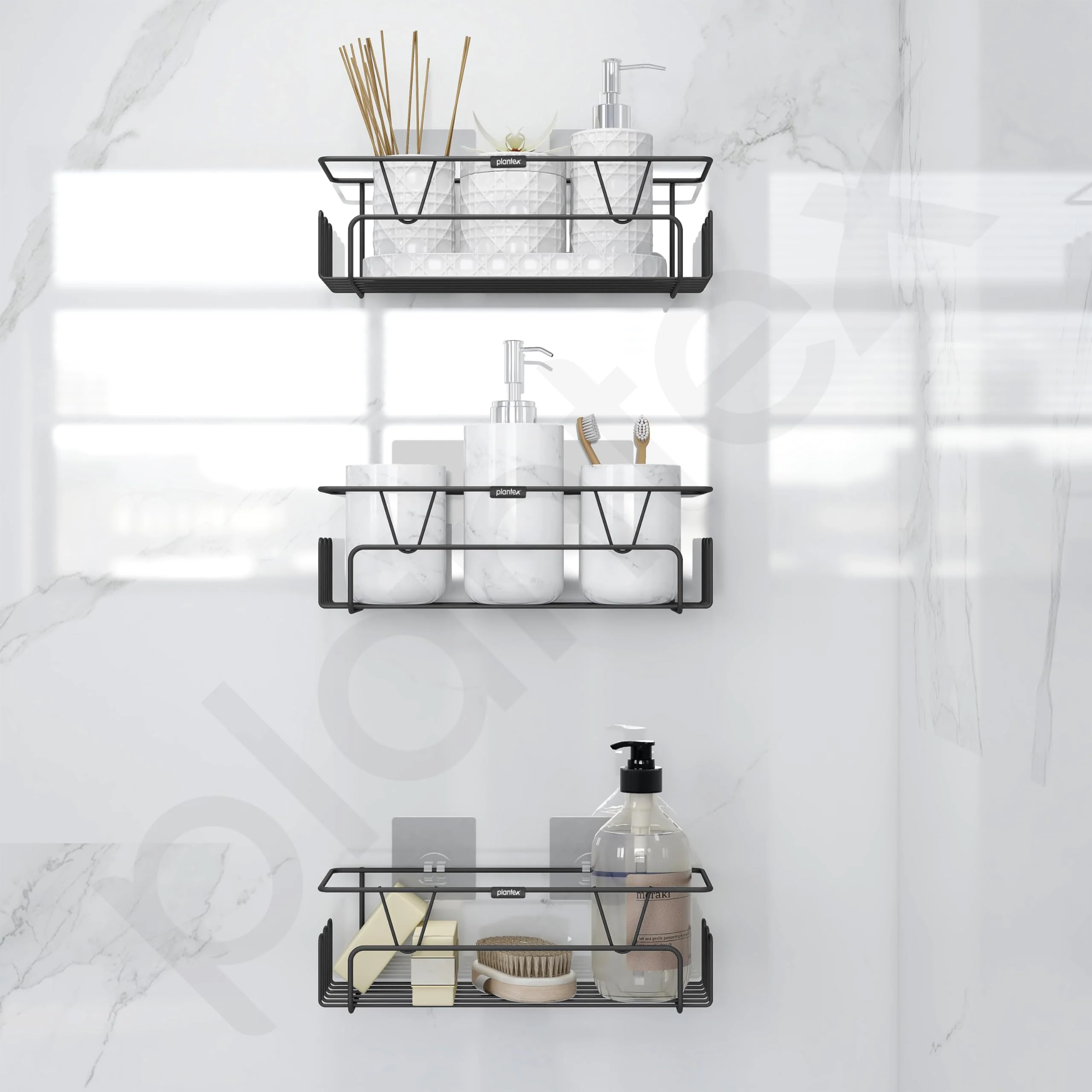 Plantex Bathroom Organiser Without Drill/Self Adhesive Bathroom Shelf for Wall/GI Steel Rack with Side Hooks & Magic Sticker/Bathroom Accessories Set (Black, Powder Coated) - Pack of 3 - Image 7