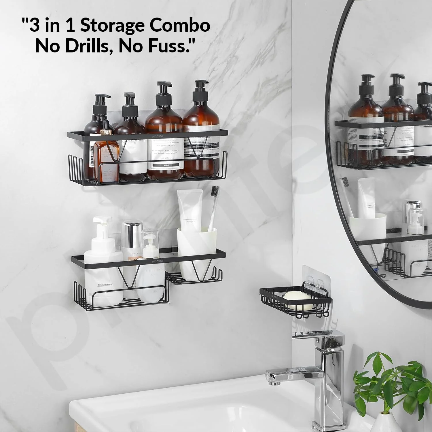 Plantex Bathroom Organiser Without Drill/Self Adhesive Bathroom Shelves and Soap Holder with Hooks/Multipurpose Shelf/Soap Stand - Combo (Black) - Image 2
