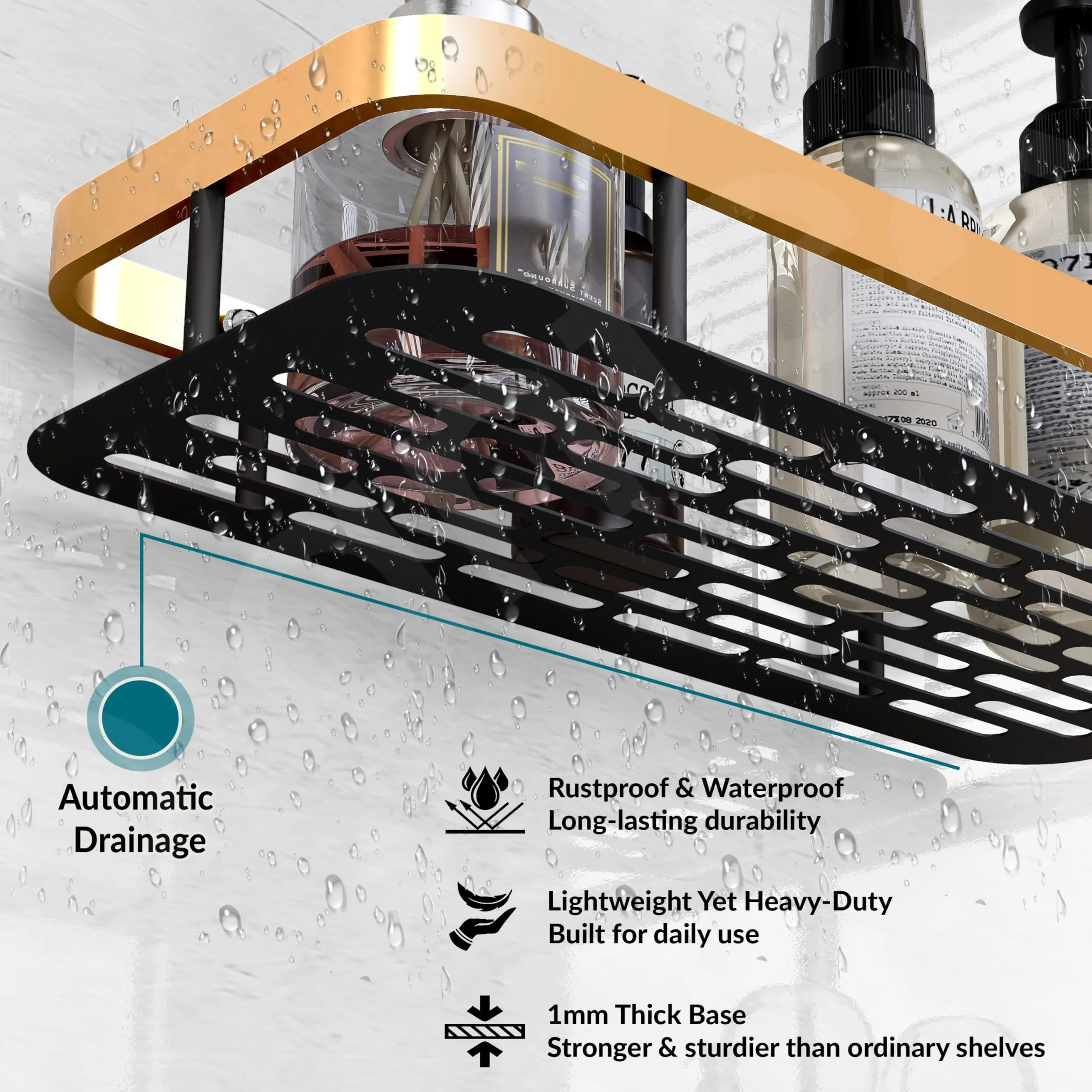 Plantex Bathroom Organiser Without Drill/Self Adhesive Stainless Steel Shelf for Bathroom with Aluminium Railing/Kitchen Shelf - Pack of 1 (12x5 inches, Gold & Black)Wall mount , Bracket shelf - Image 2