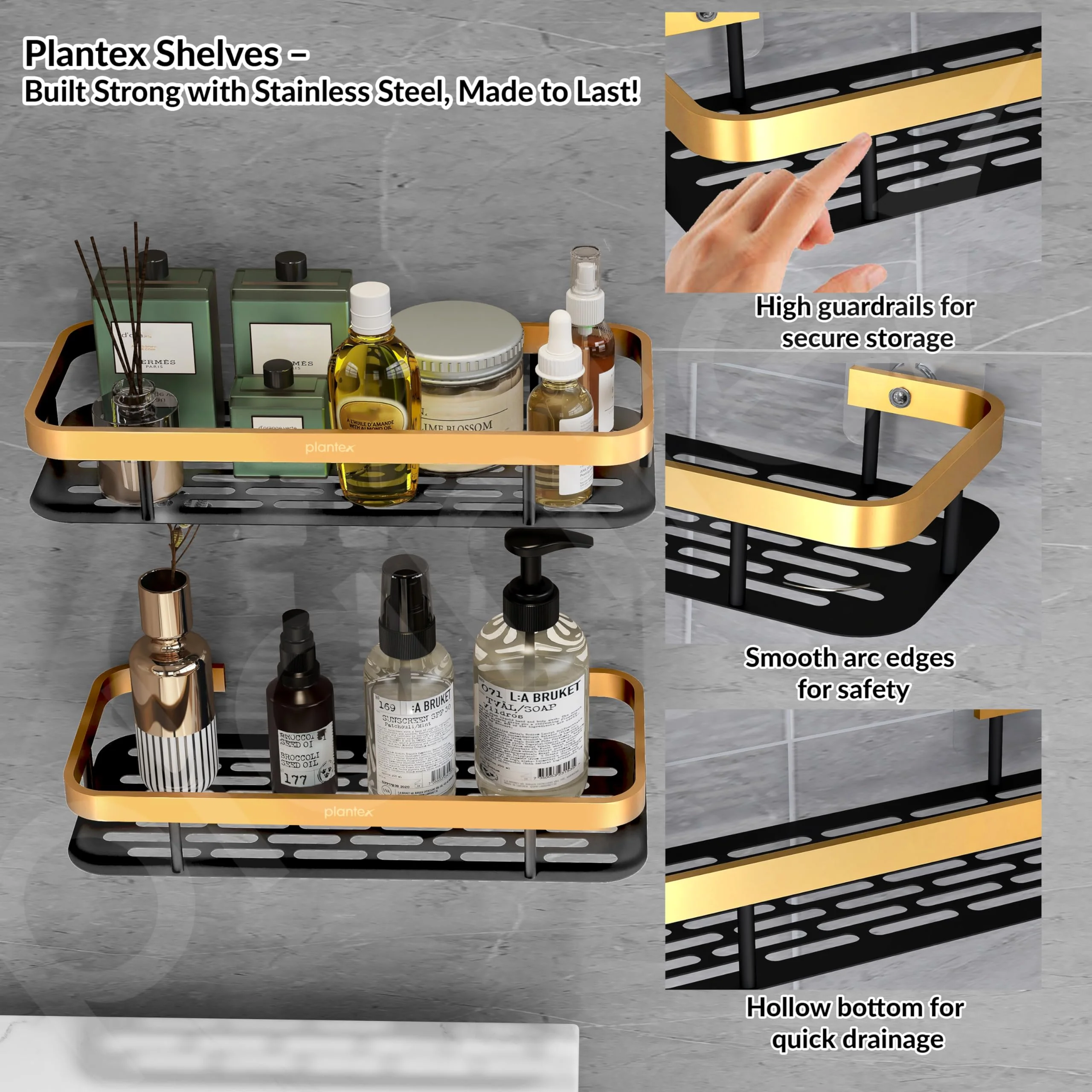 Plantex Bathroom Organiser Without Drill/Self Adhesive Stainless Steel Shelf for Bathroom with Aluminium Railing/Kitchen Shelf - Pack of 1 (12x5 inches, Gold & Black)Wall mount , Bracket shelf - Image 6