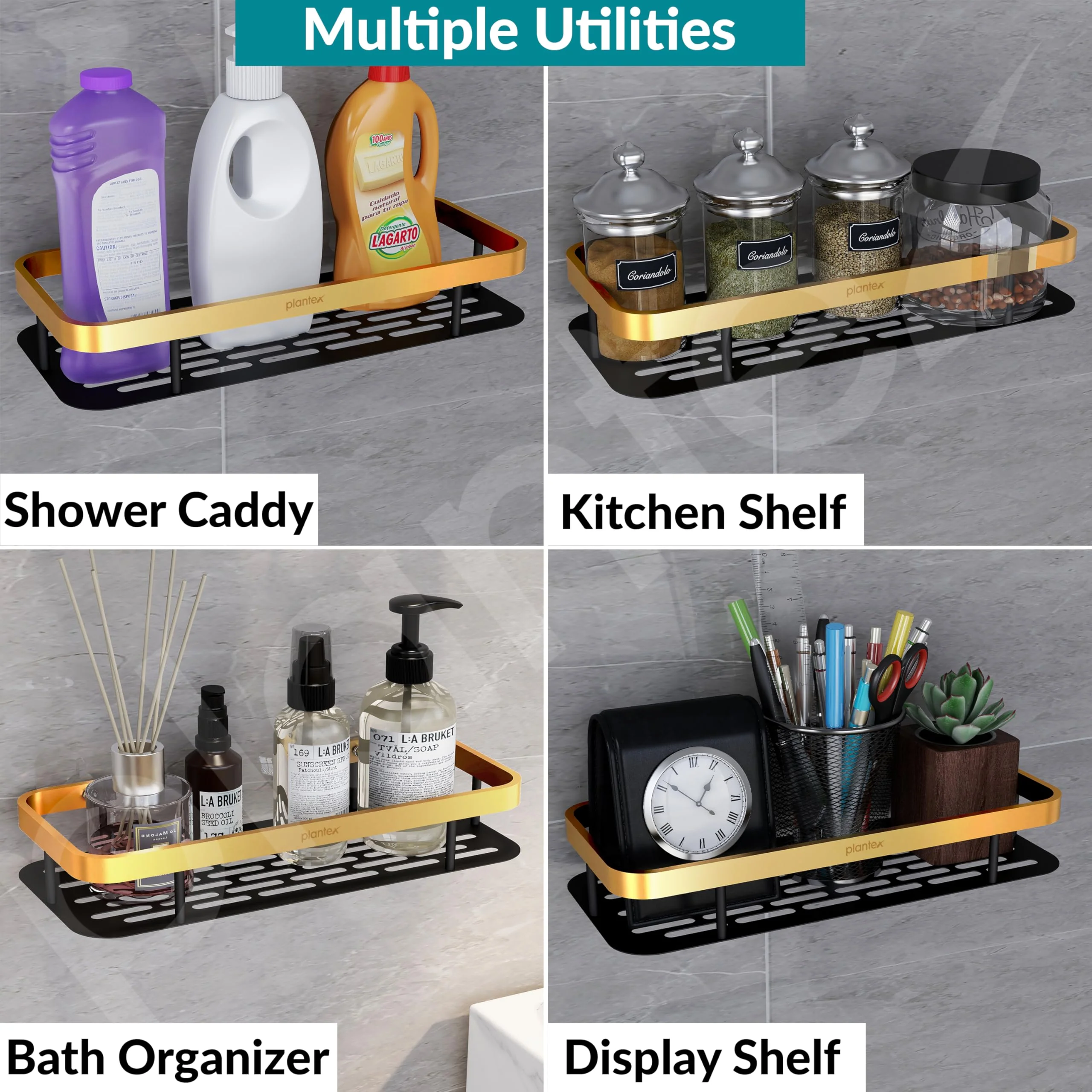 Plantex Bathroom Organiser Without Drill/Self Adhesive Stainless Steel Shelf for Bathroom with Aluminium Railing/Kitchen Shelf - Pack of 1 (12x5 inches, Gold & Black)Wall mount , Bracket shelf - Image 7