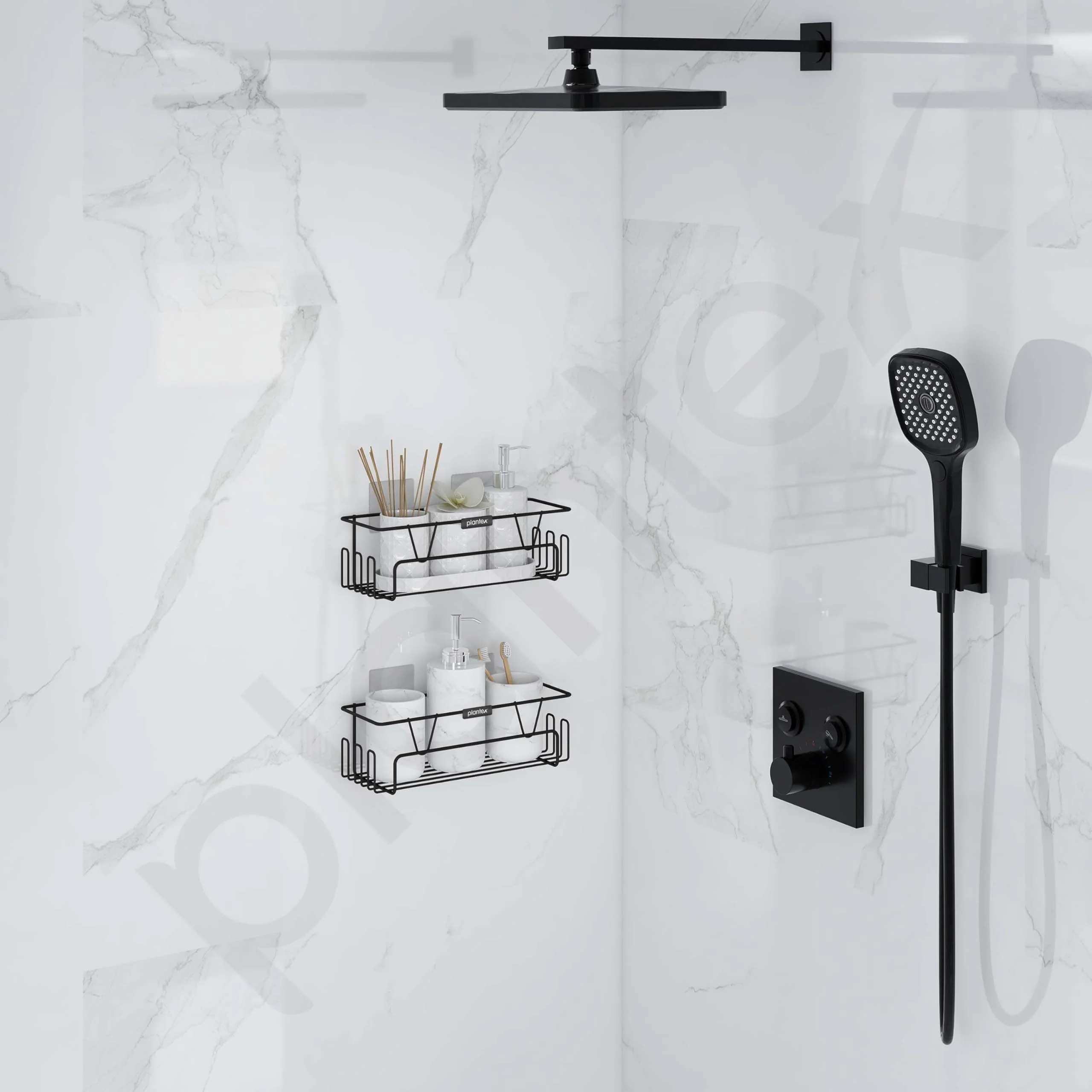 Plantex Bathroom Organiser Without Drill/Shelf for Wall Adhesive Black/GI Steel Shelf for Bathroom with Side Hooks/Washroom Accessories Set - Powder Coated (Pack of 2) - Image 2