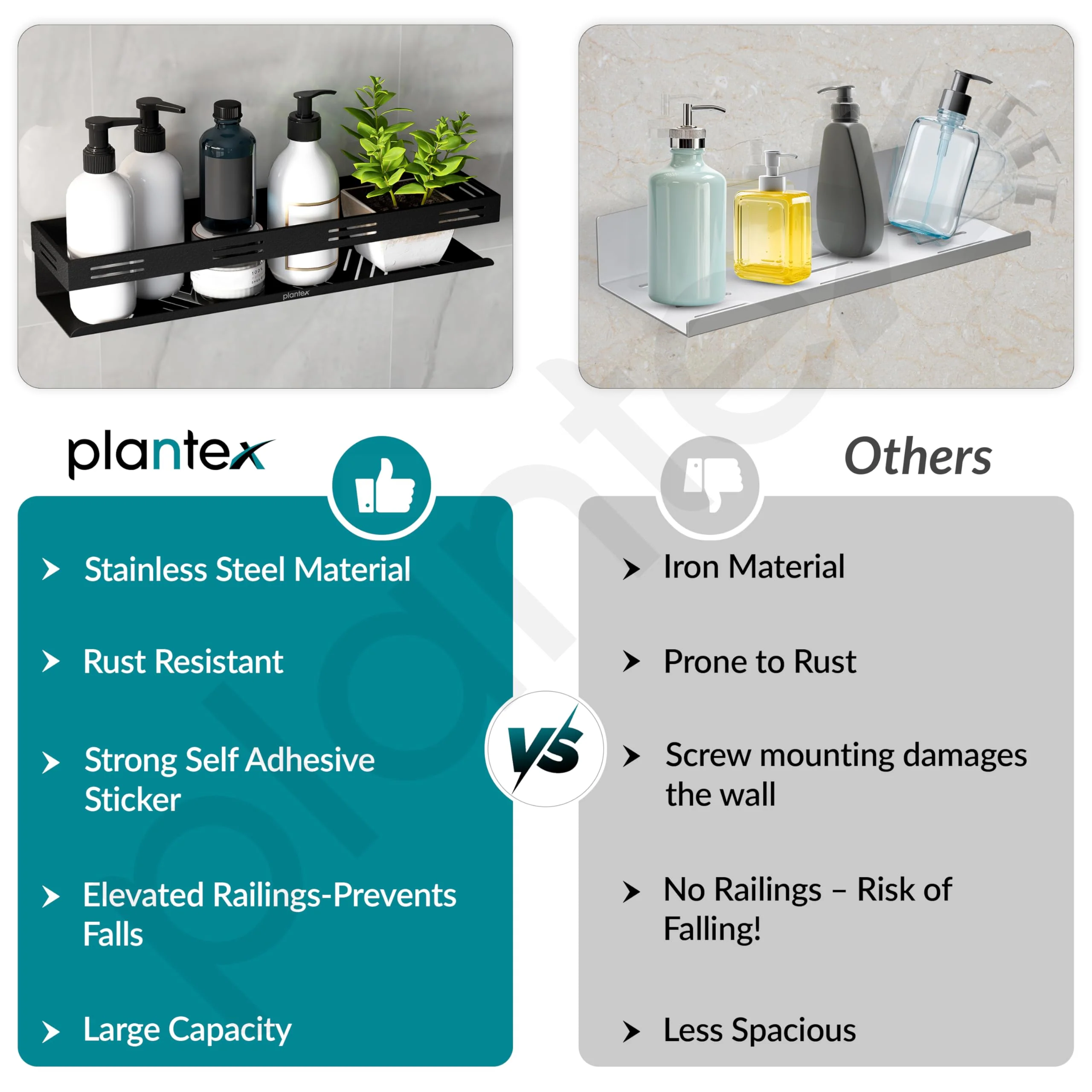 Plantex Bathroom Organiser Without Drill/Stainless Steel Self Adhesive Shelf for Bathroom/Wall Shelf for Kitchen/No Drill Shelves- Pack of 1 (16 x 4 Inch - Black) - Image 4