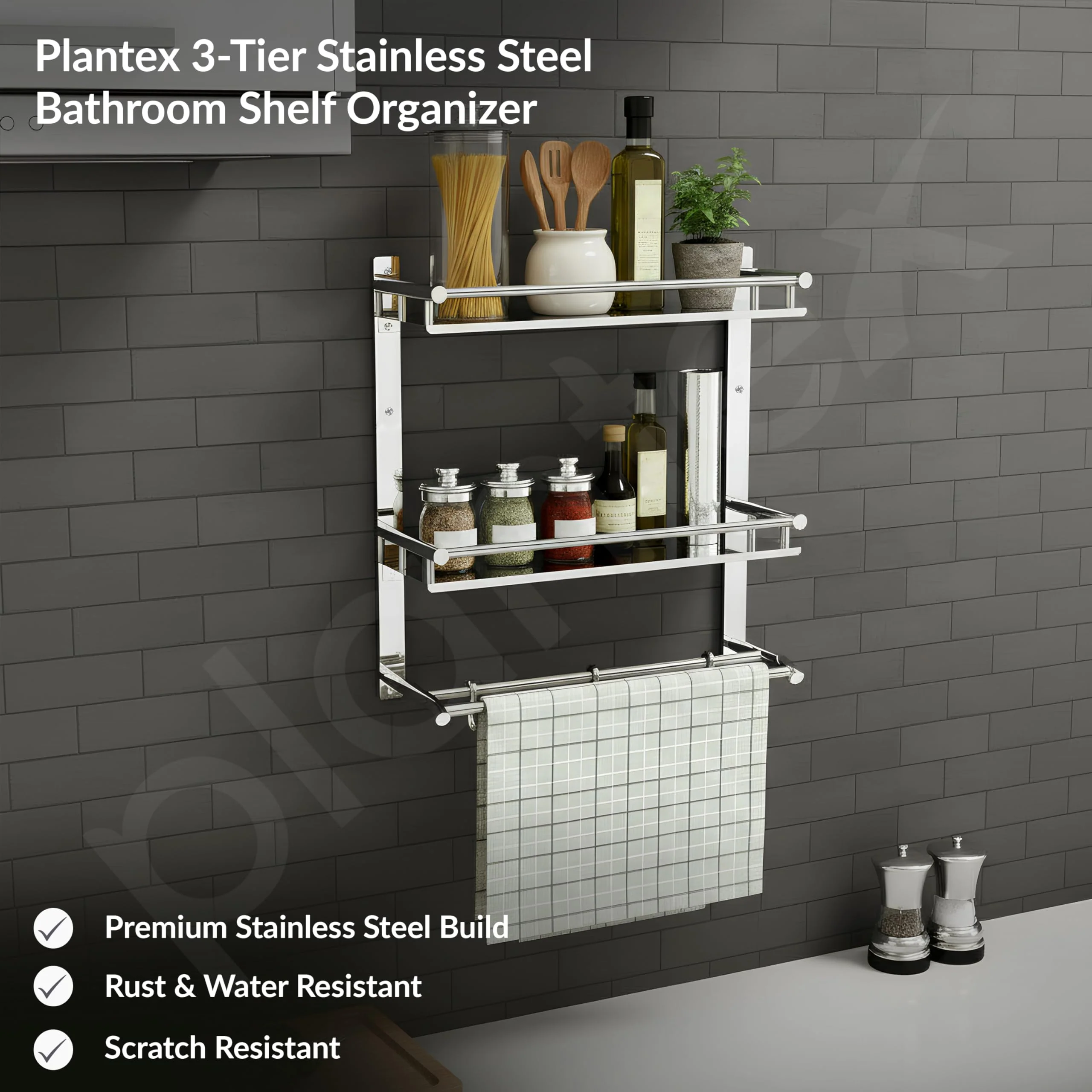 Plantex Bathroom Organizer with Drill/Stainless Steel Bathroom Rack Shelf with Towel Holder/Towel Rod and Hooks (3-Tier, Chrome) - Image 3