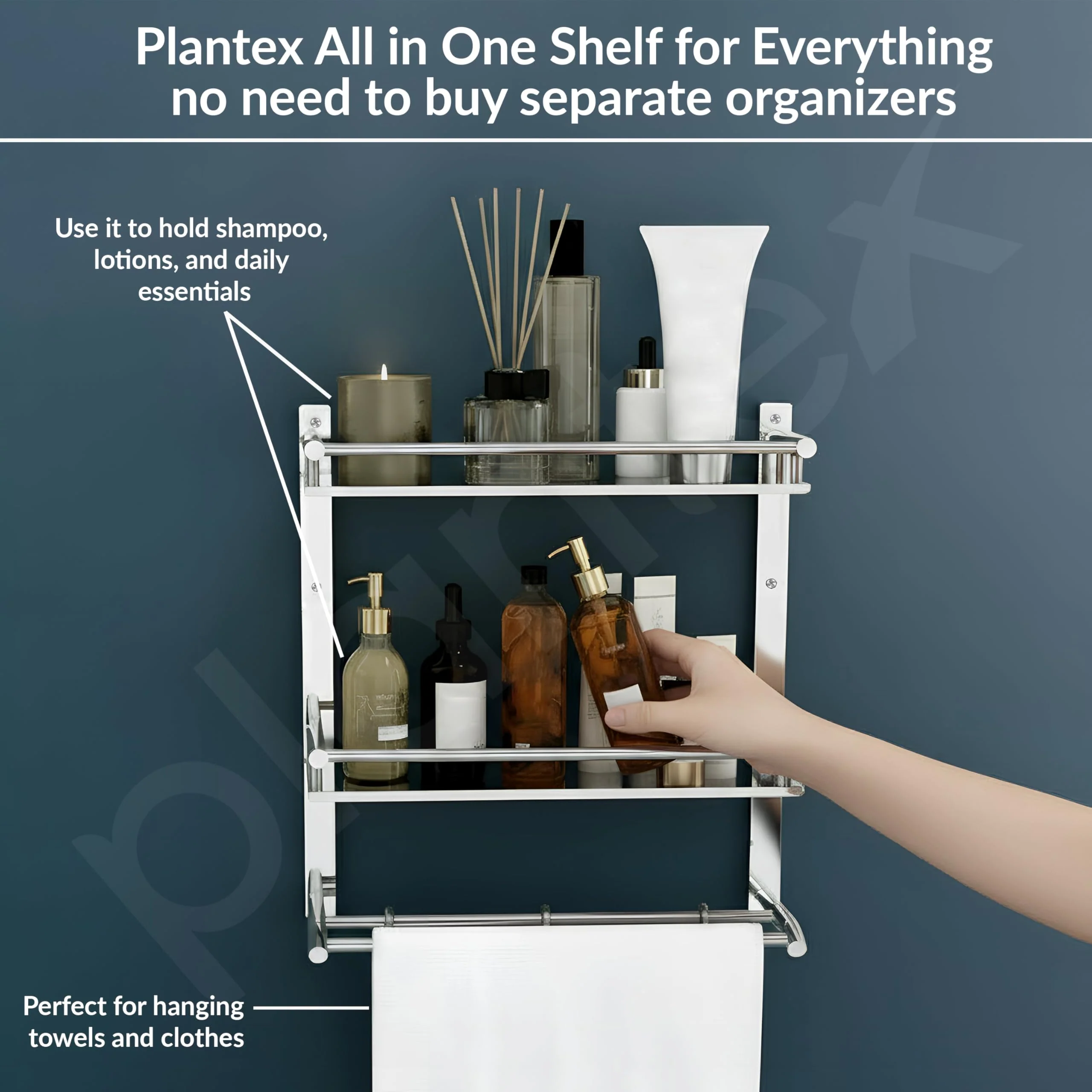 Plantex Bathroom Organizer with Drill/Stainless Steel Bathroom Rack Shelf with Towel Holder/Towel Rod and Hooks (3-Tier, Chrome) - Image 7